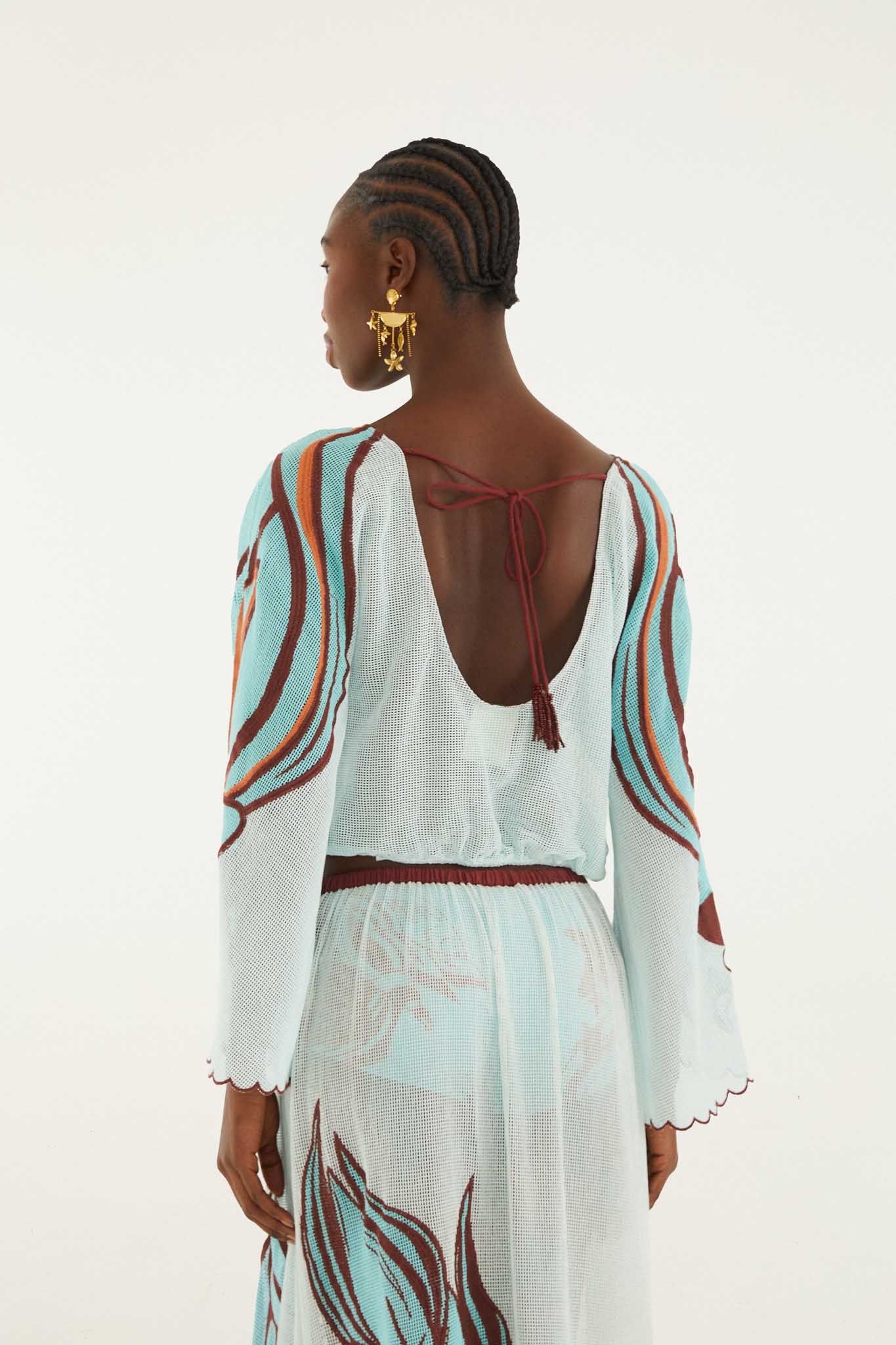 Fishnet Open Back Long Sleeves Blouse With Embroid