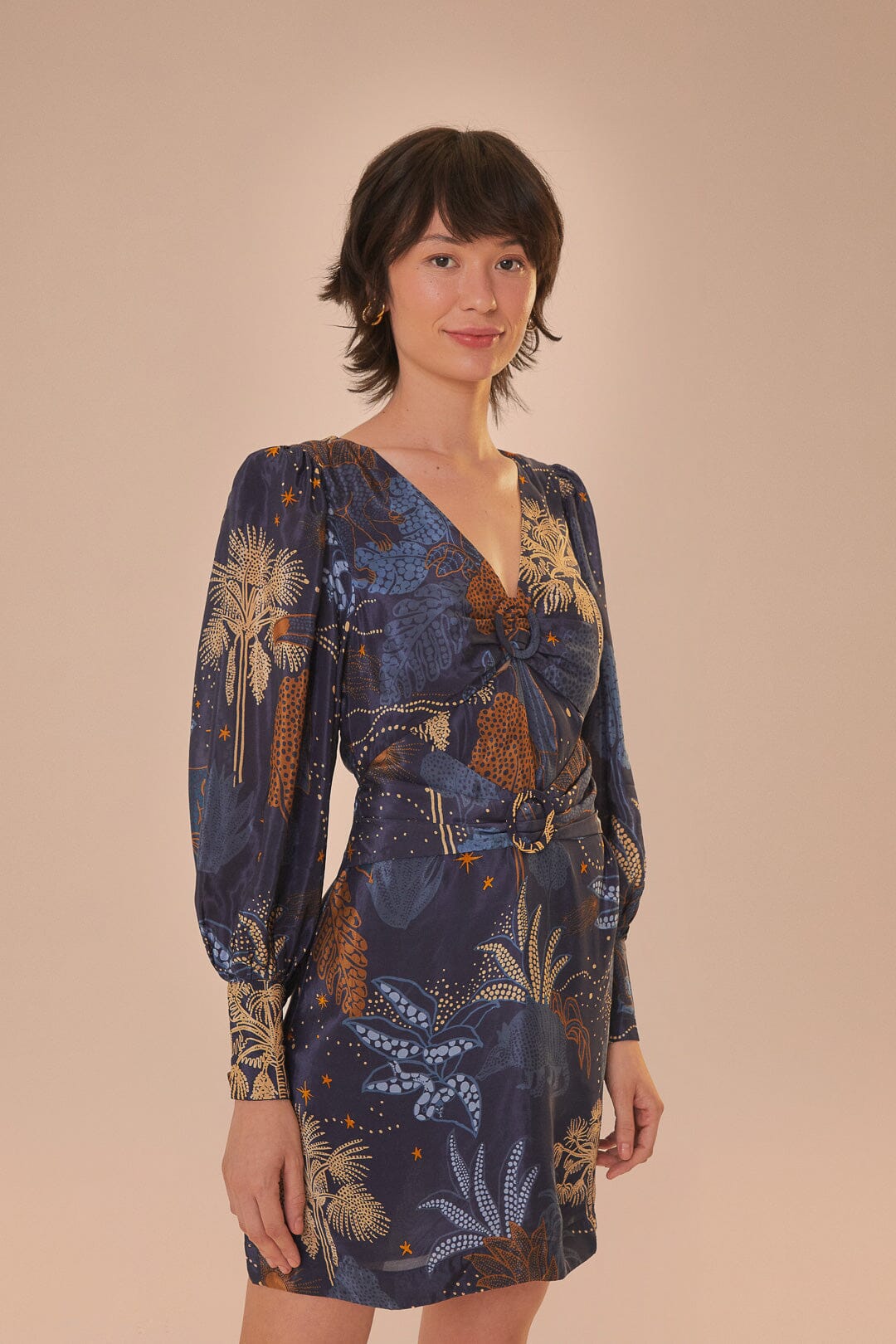 farm rio amazonia night mini dress Farm Rio Amazonia Forest Long-Sleeve Mini Dress