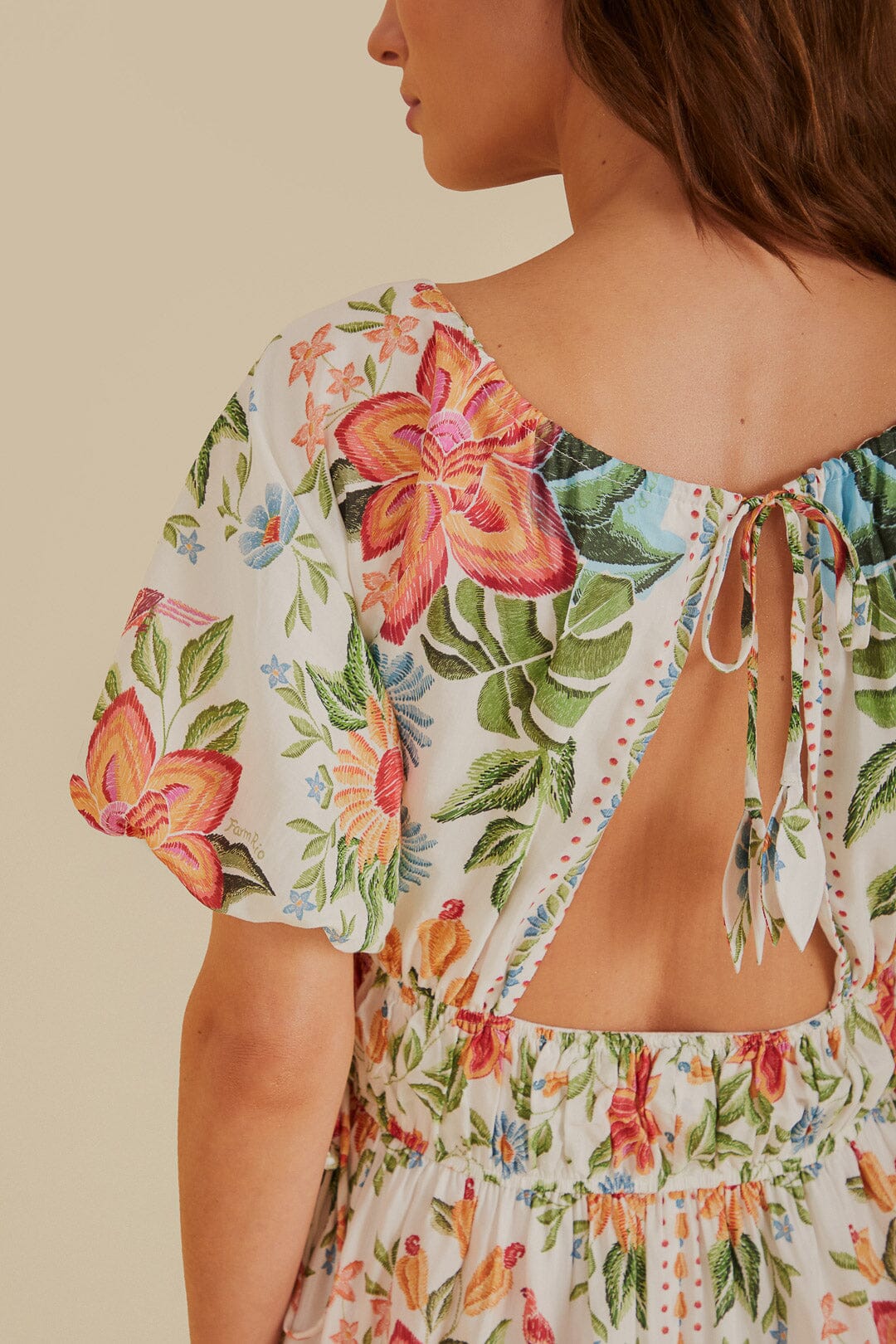 FARM Rio model wearing the Bloom Garden Off White Short Sleeve Mini Dress