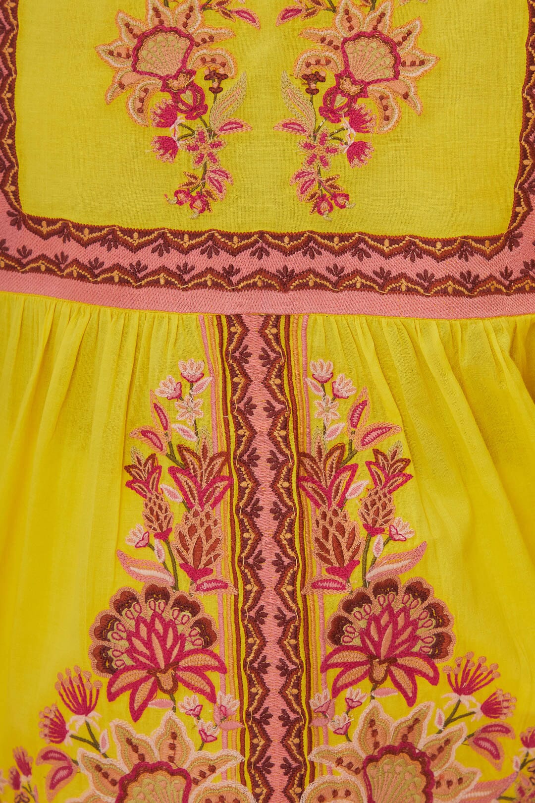 FARM Rio model wearing the Garden Tapestry Yellow Embroidered Blouse