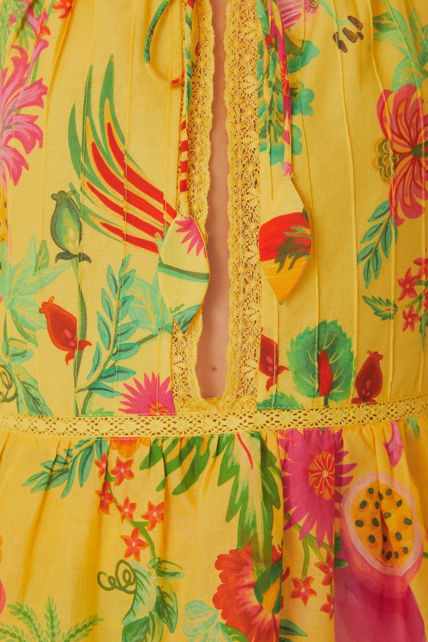FARM Rio model wearing the Delicate Fruit Garden Yellow Sleeveless Blouse