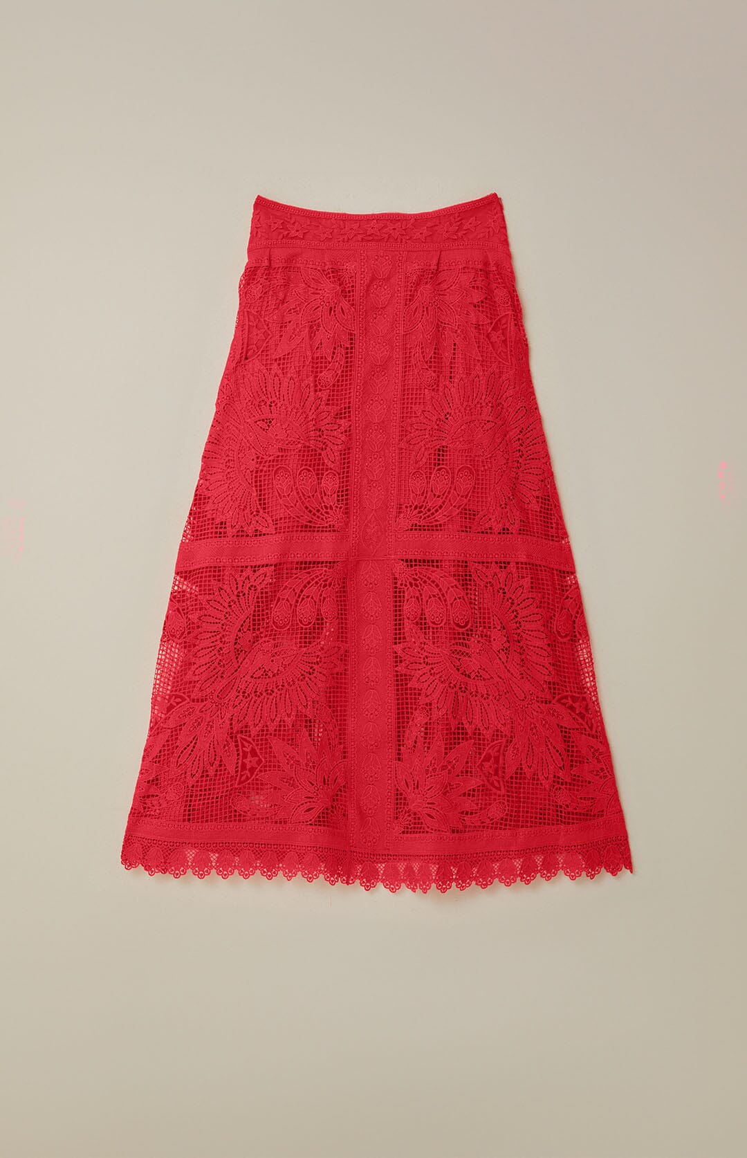 FARM Rio model wearing the Red Toucan Guipure Midi Skirt