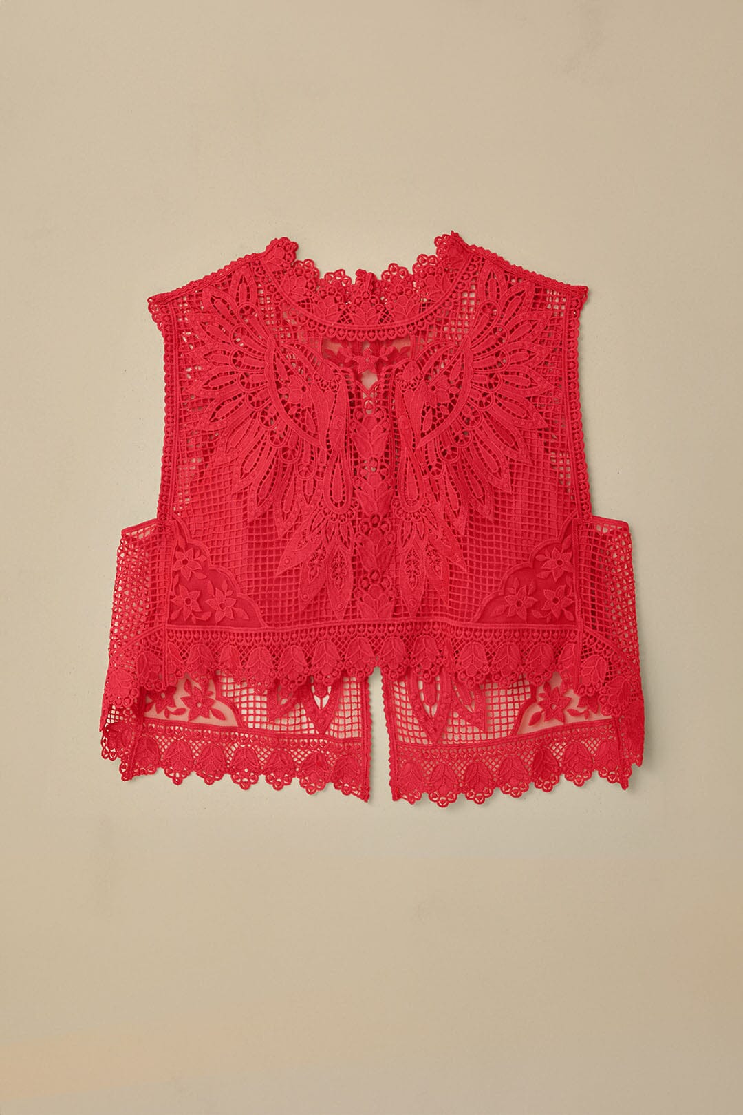 FARM Rio model wearing the Red Toucan Guipure Sleeveless Top