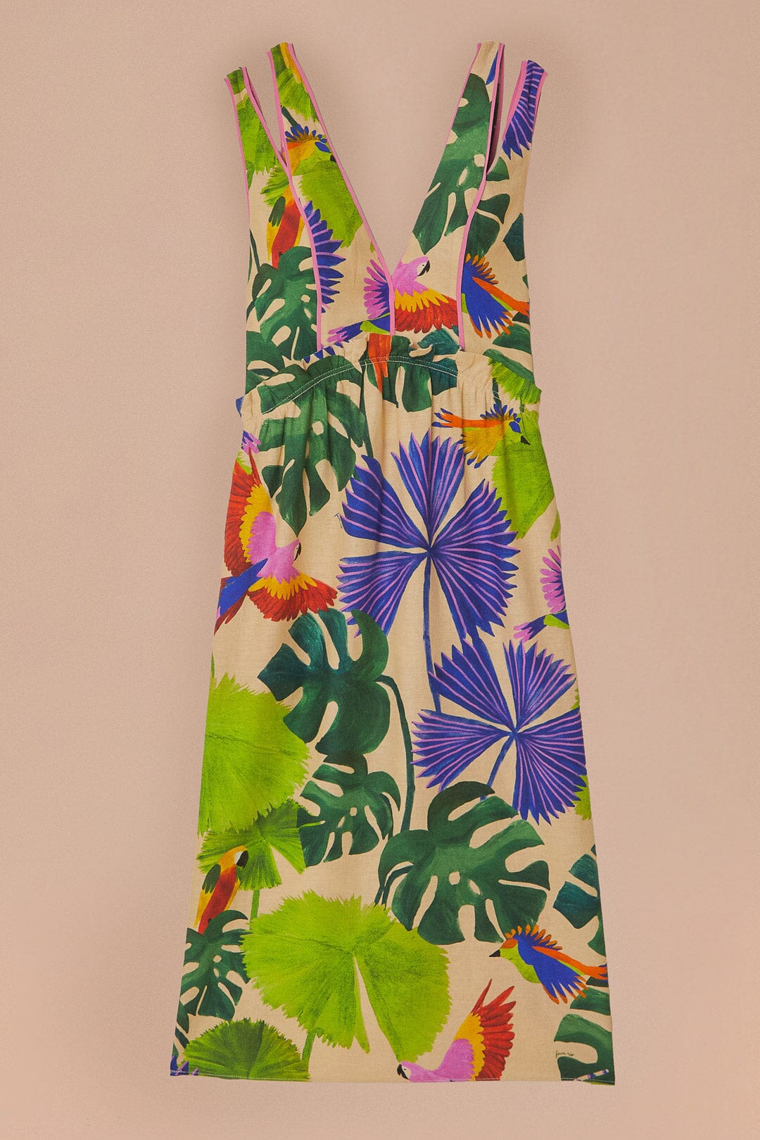 FARM Rio model wearing the Macaw Jungle Sand V Neckline Midi Dress