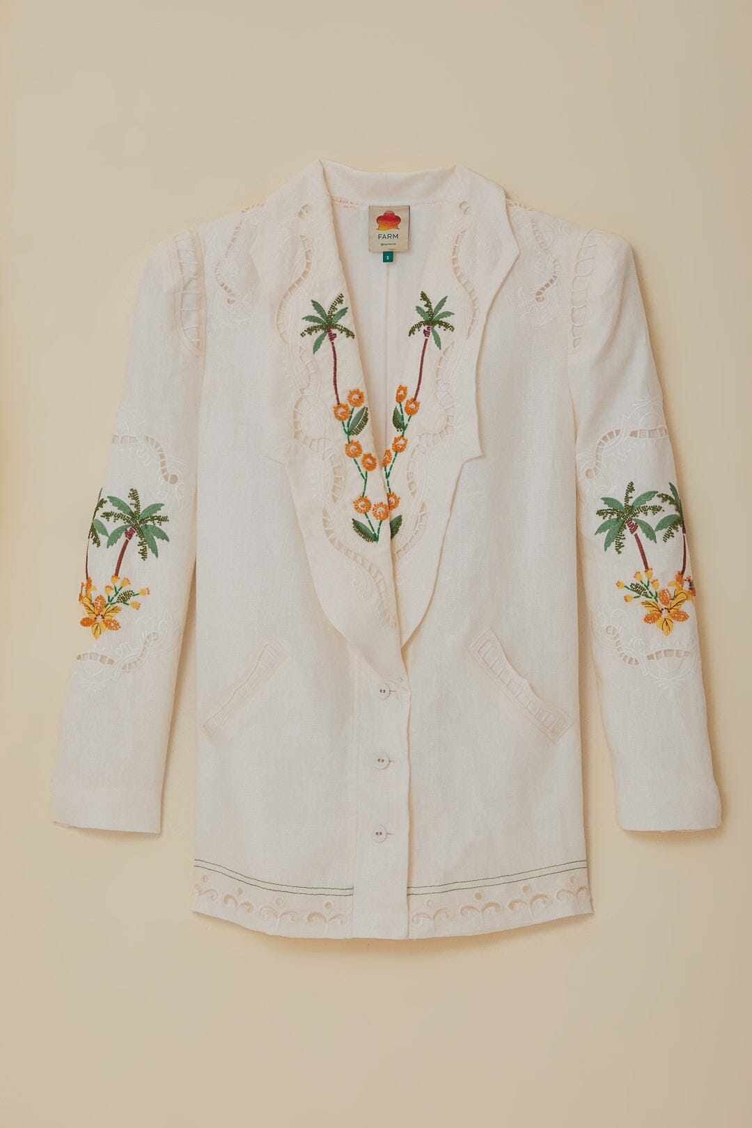 FARM Rio model wearing the Off-White Coconut Tree Macaw Embroidered Richelieu Blazer