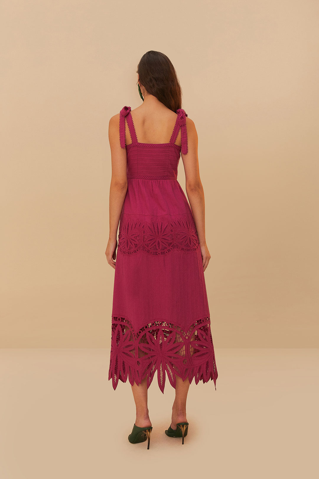 FARM Rio model wearing the Pink Daisy Embroidered Sleeveless Midi Dress