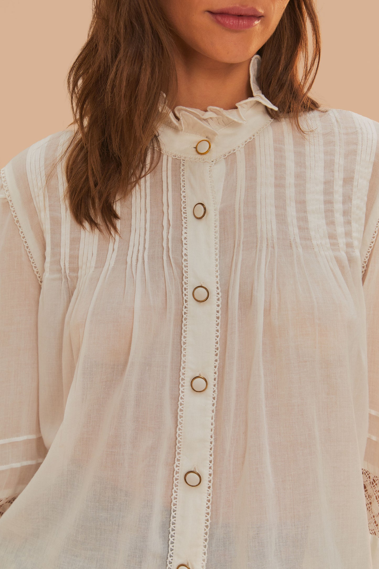FARM Rio model wearing the Off-White Long Sleeve Blouse