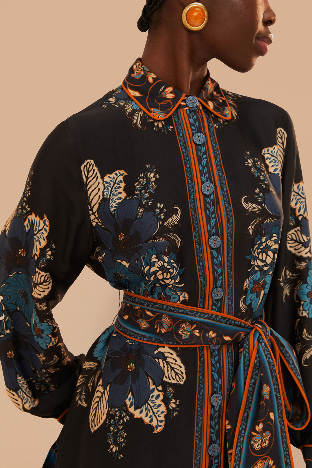 FARM Rio model wearing the Blossom Tapestry Black Long Sleeves Mini Dress