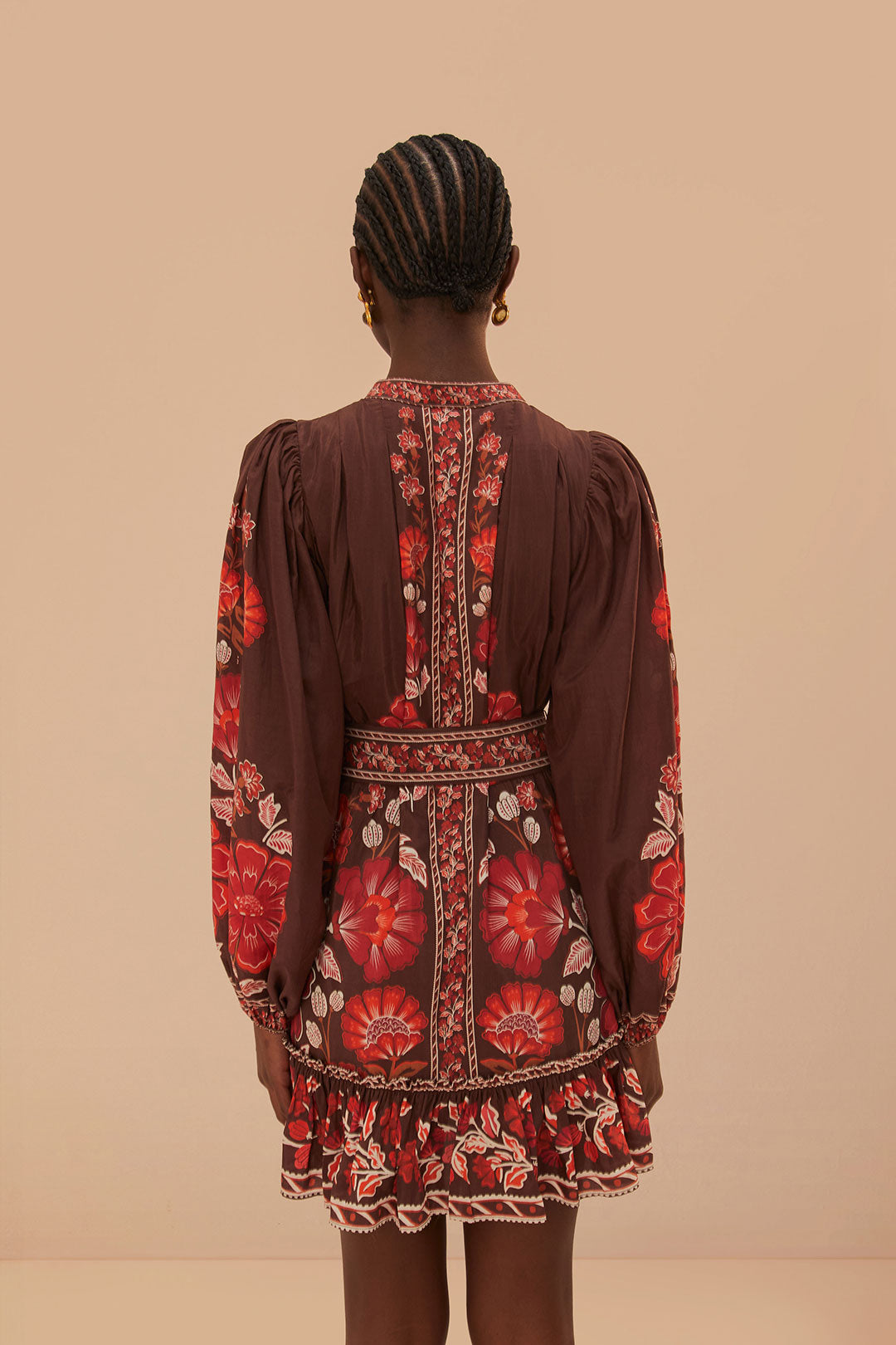 FARM Rio model wearing the Gigi Tapestry Brown Mini Dress
