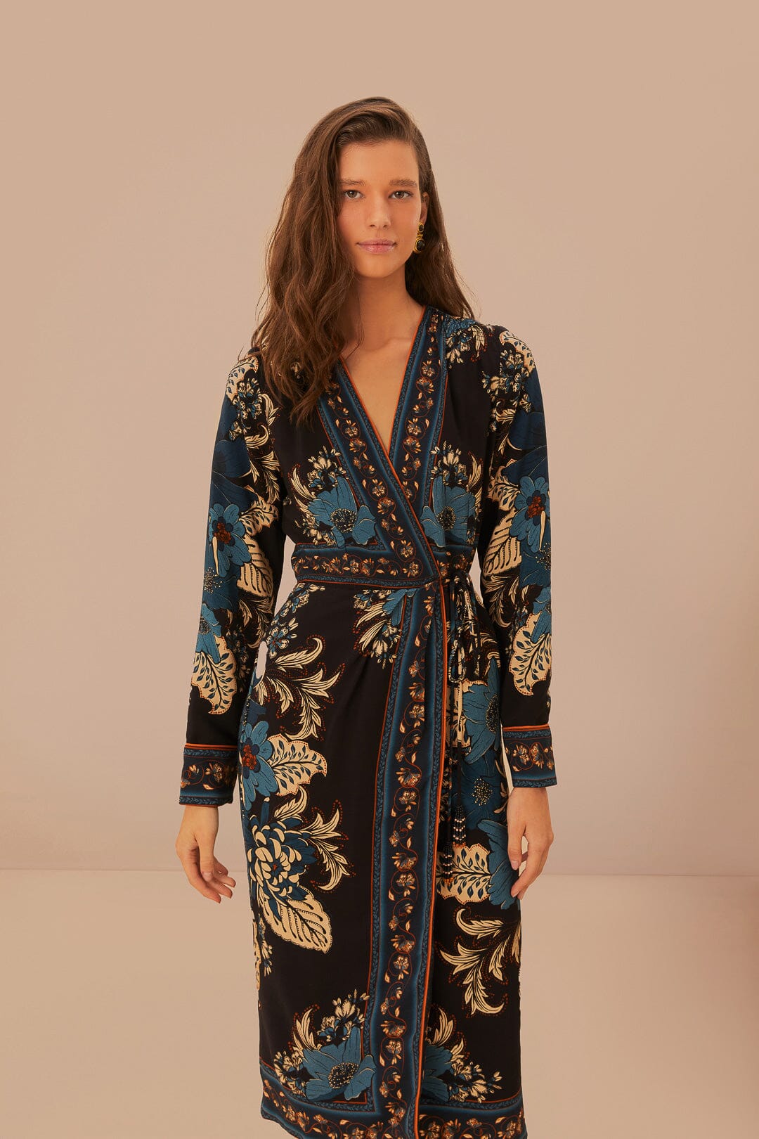 FARM Rio model wearing the Blossom Tapestry Black Midi Wrap Dress