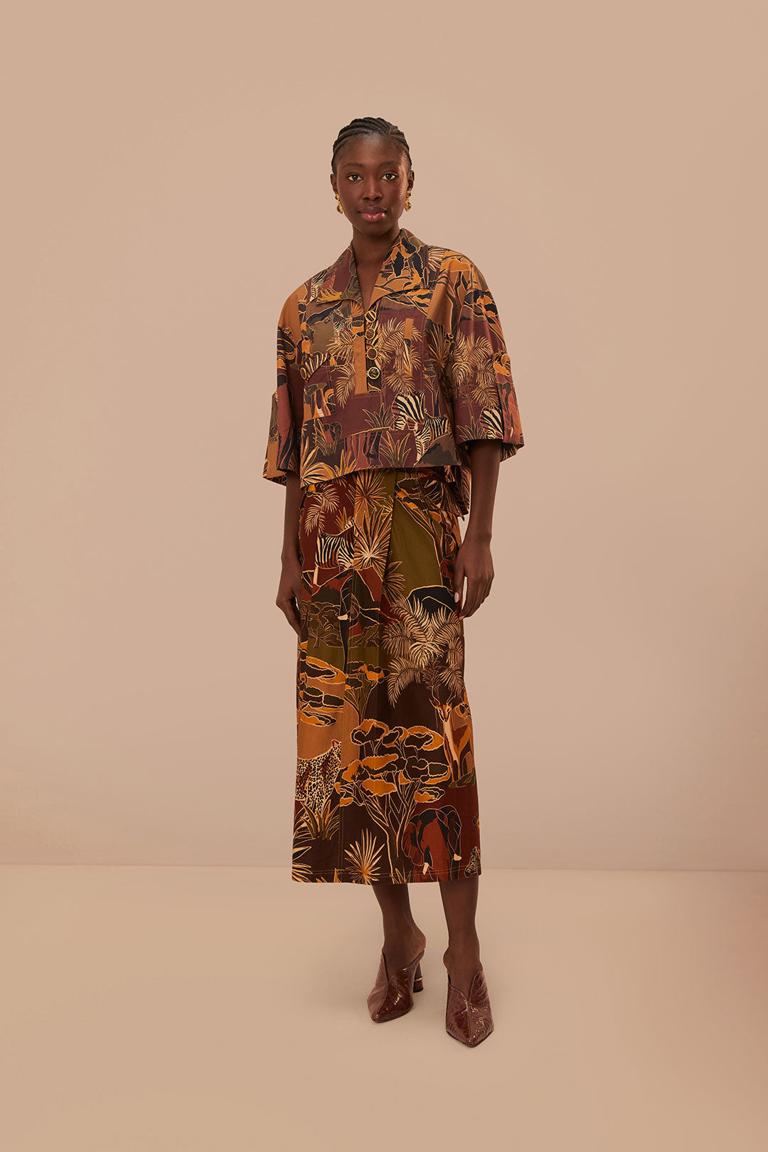 FARM Rio model wearing the Savana Dream Caramel Utility Blouse