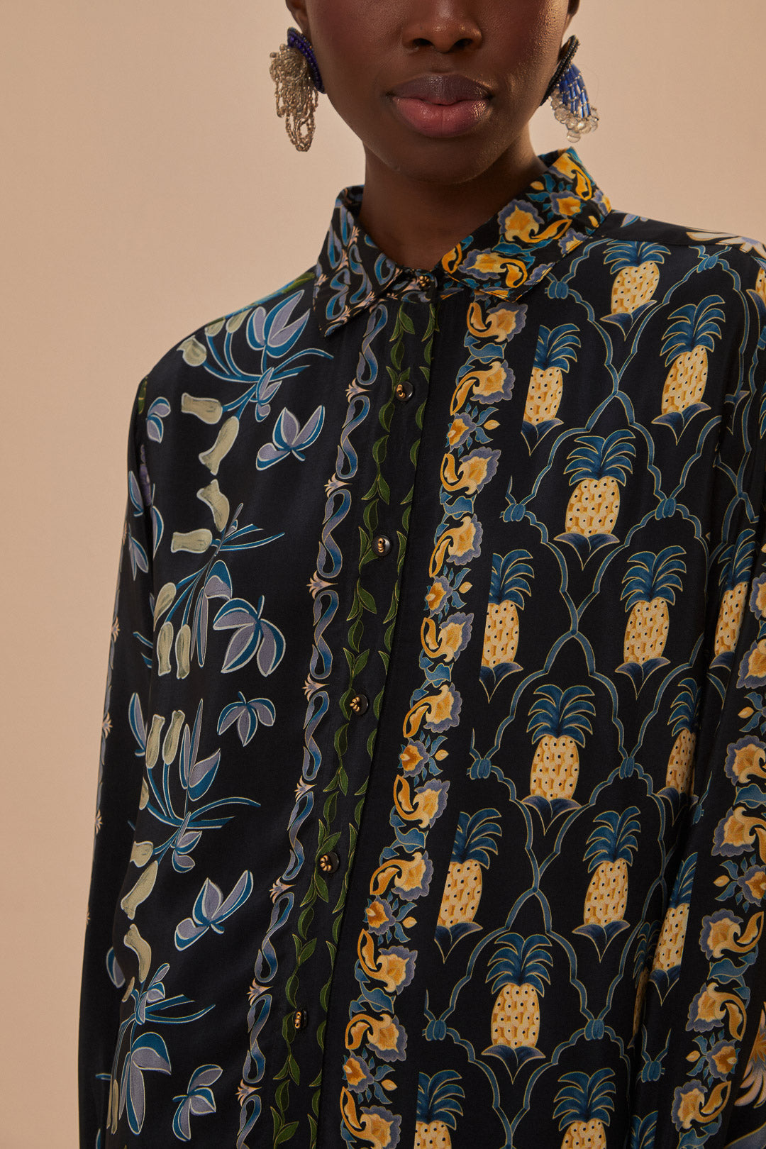 FARM Rio model wearing the Winter Garden Black Pajama Shirt