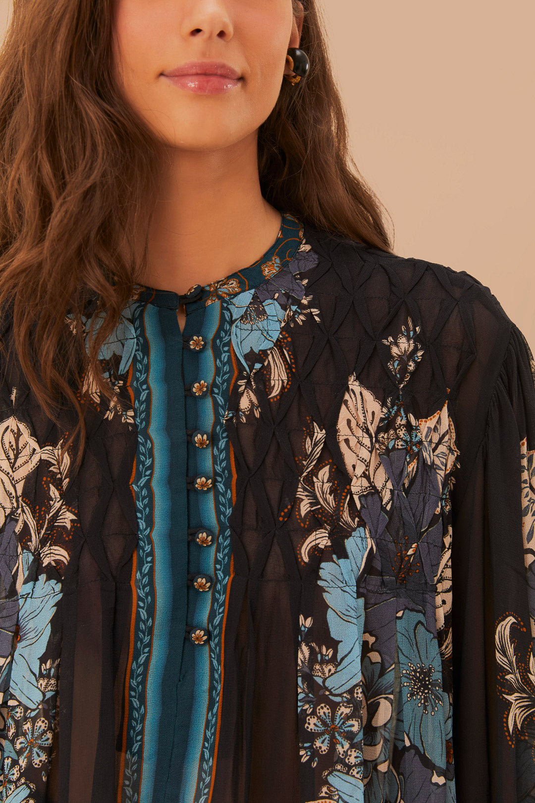FARM Rio model wearing the Blossom Tapestry Black Bee Smocked Blouse
