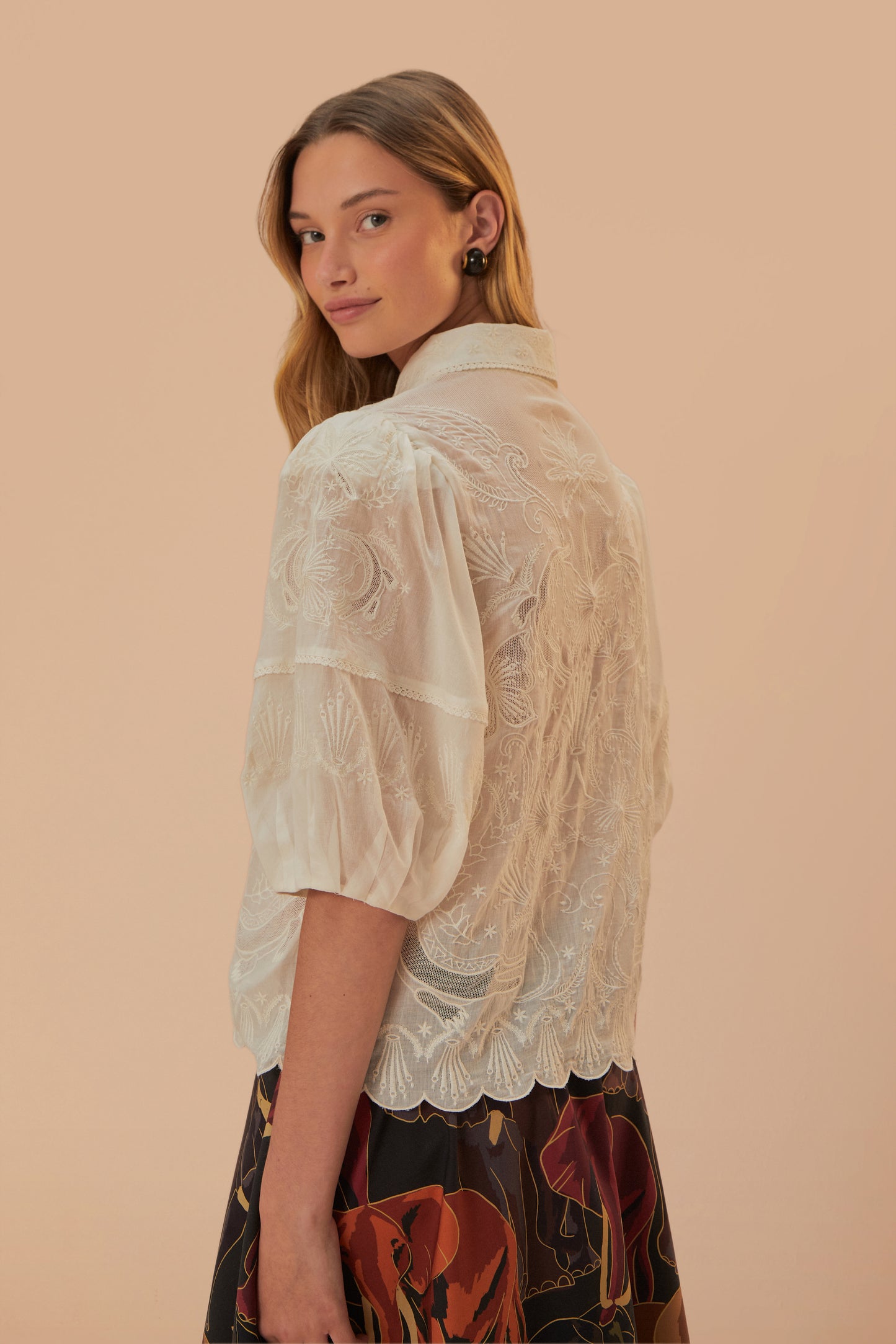 FARM Rio model wearing the Embroidered White Short Sleeve Blouse