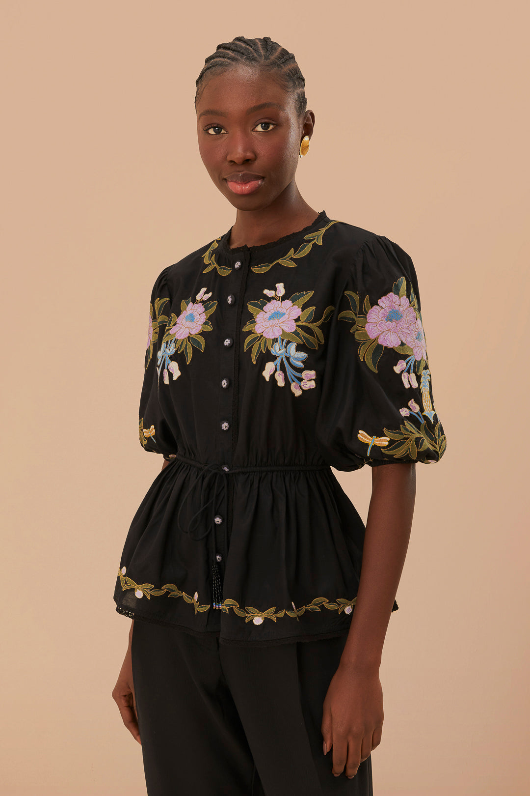 FARM Rio model wearing the Winter Garden Embroidered Short Sleeve Blouse