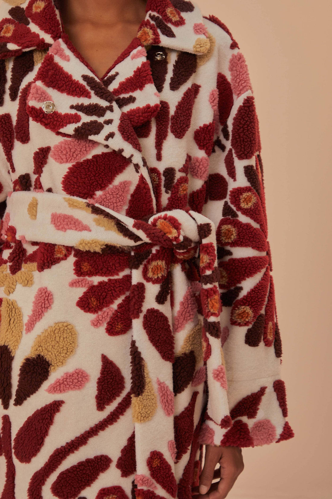 FARM Rio model wearing the Ainika Flowers Fleece Coat