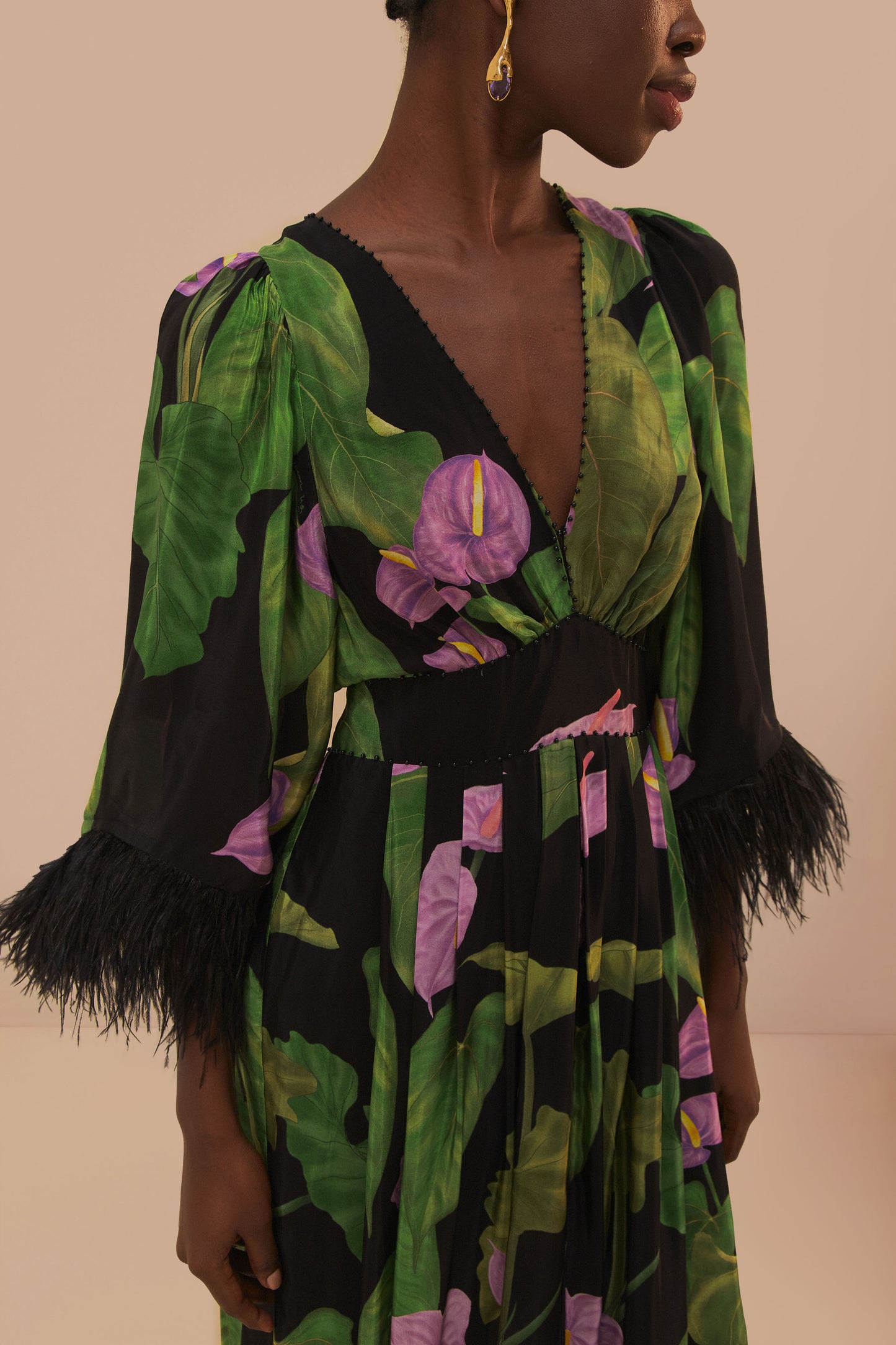 FARM Rio model wearing the Black Anthurium Kaftan