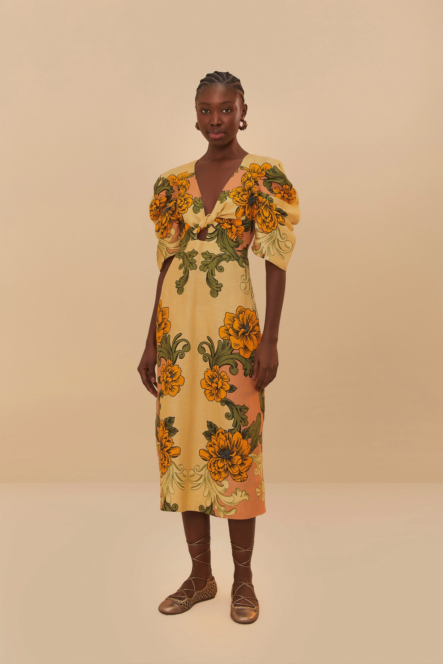 كريمة رقيقة زهرة أرابيسكسكيس يوروفلاكس ™ فستان MIDI Premium Linen Midi