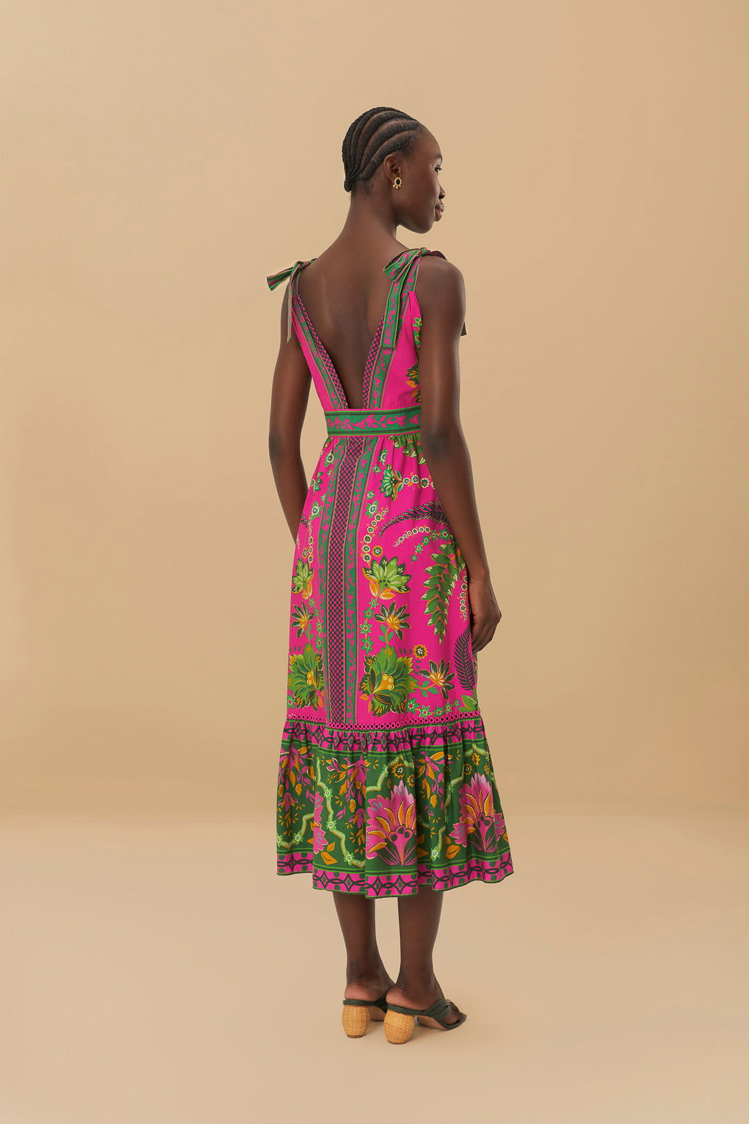FARM Rio model wearing the Ana Tapestry Pink Midi Dress