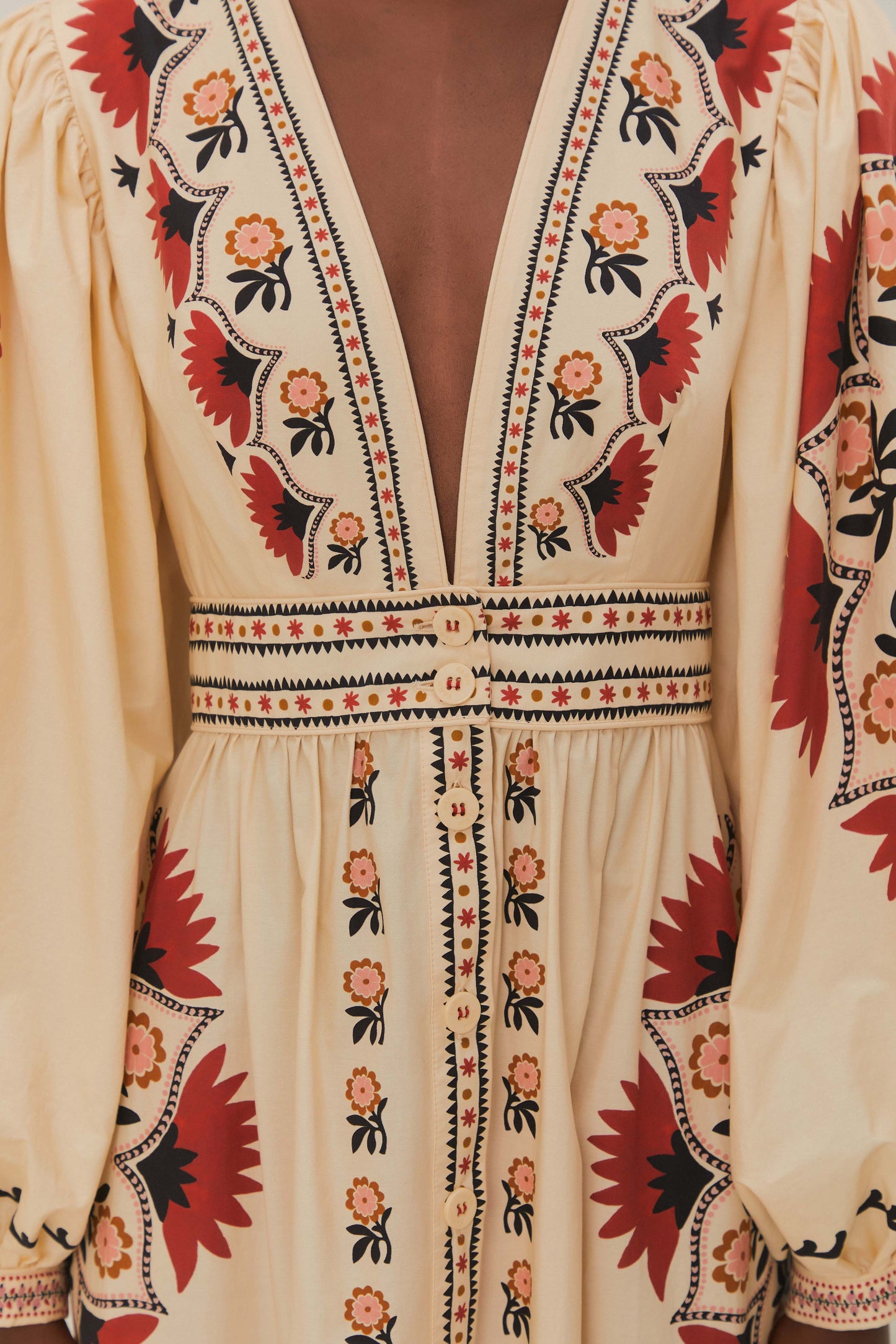 FARM Rio model wearing the Cream Cashew Mandala Maxi Dress