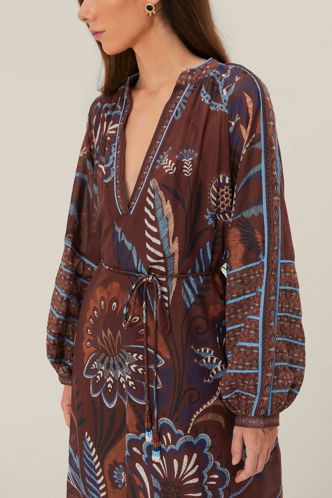 FARM Rio model wearing the Delicate Garden Brown Midi Dress