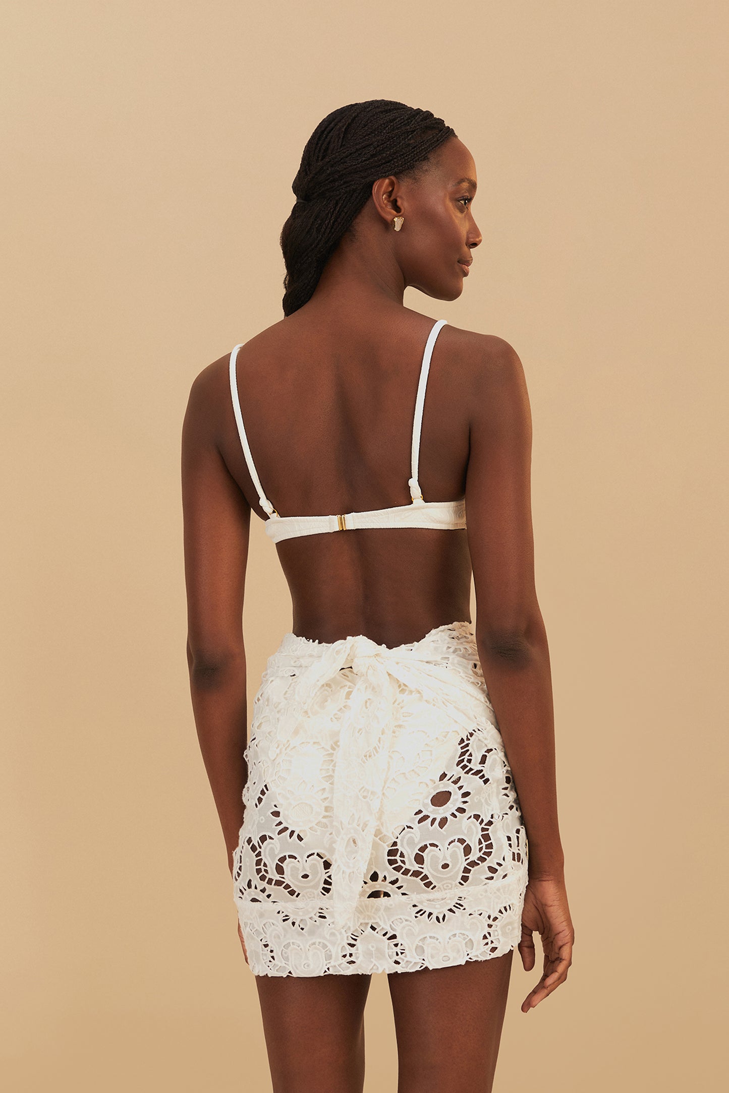 FARM Rio model wearing the White Sun Eyelet Mini Skirt