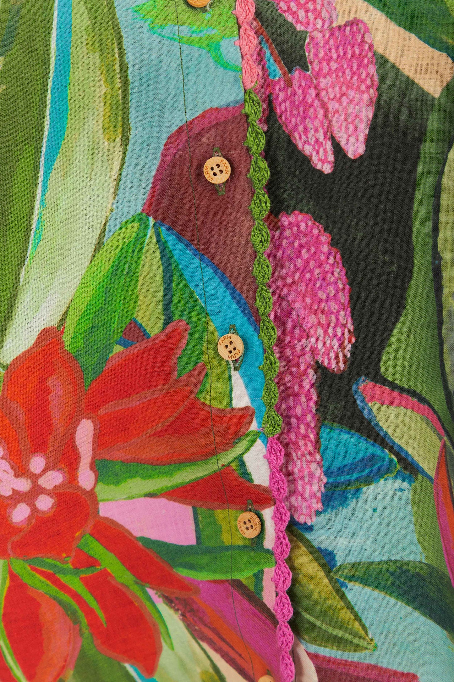 FARM Rio model wearing the Jardin De Reve Shirt