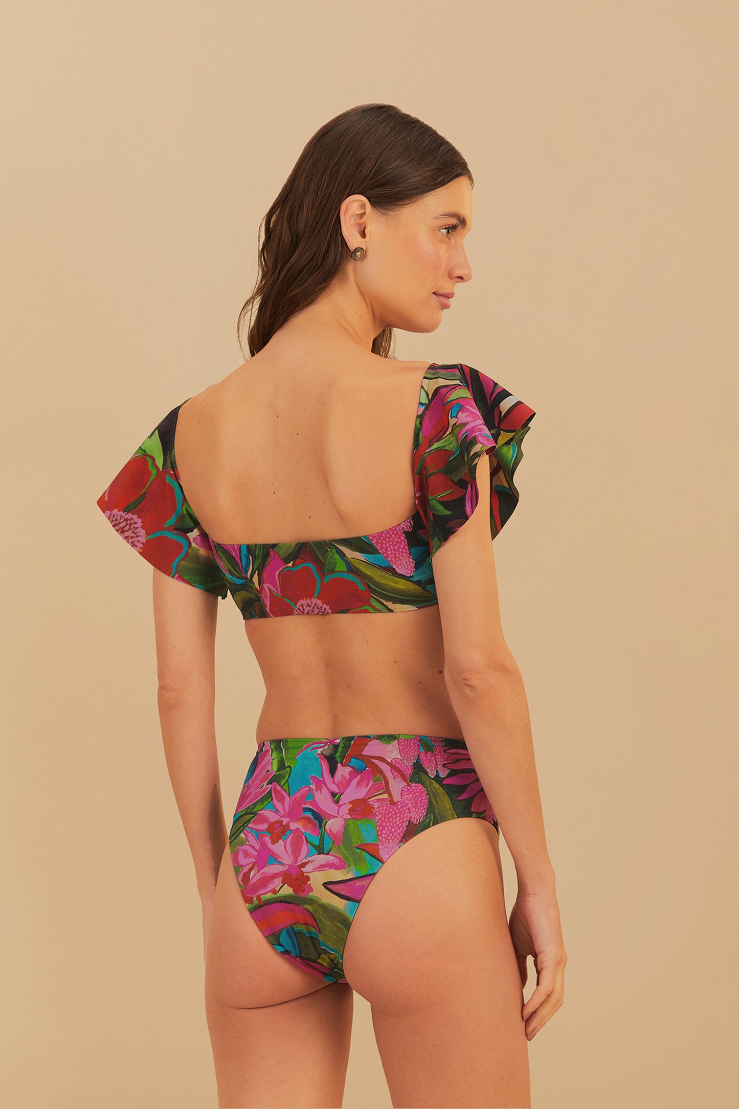 FARM Rio model wearing the Jardin De Reve Ruffle Bikini Top