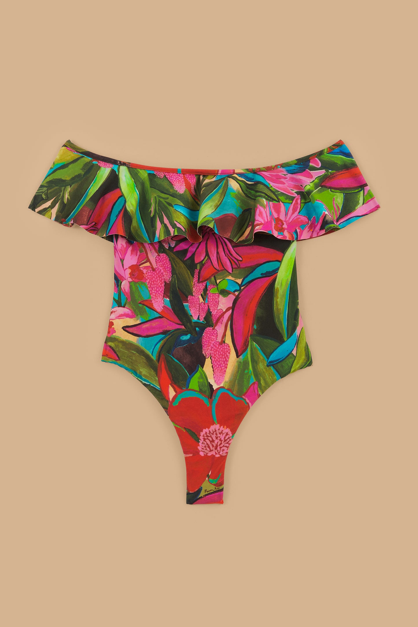FARM Rio model wearing the Jardin De Reve Ruffle One Piece