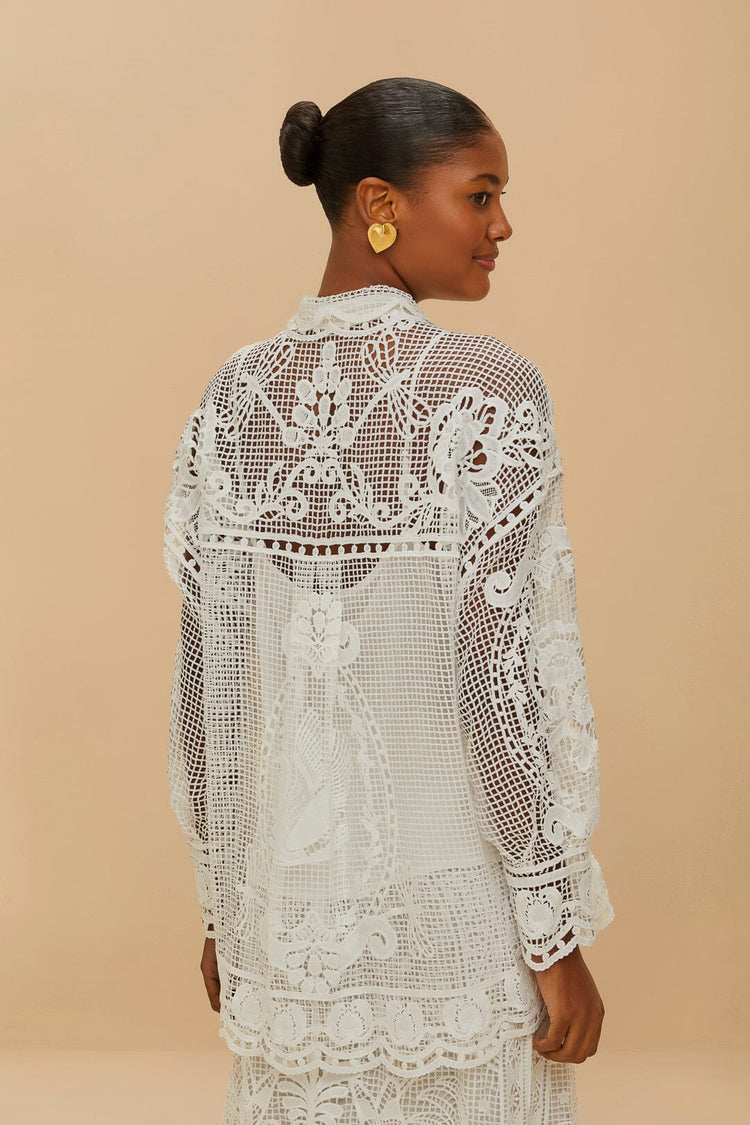 FARM Rio model wearing the Off-White Swan Lake Guipure Shirt
