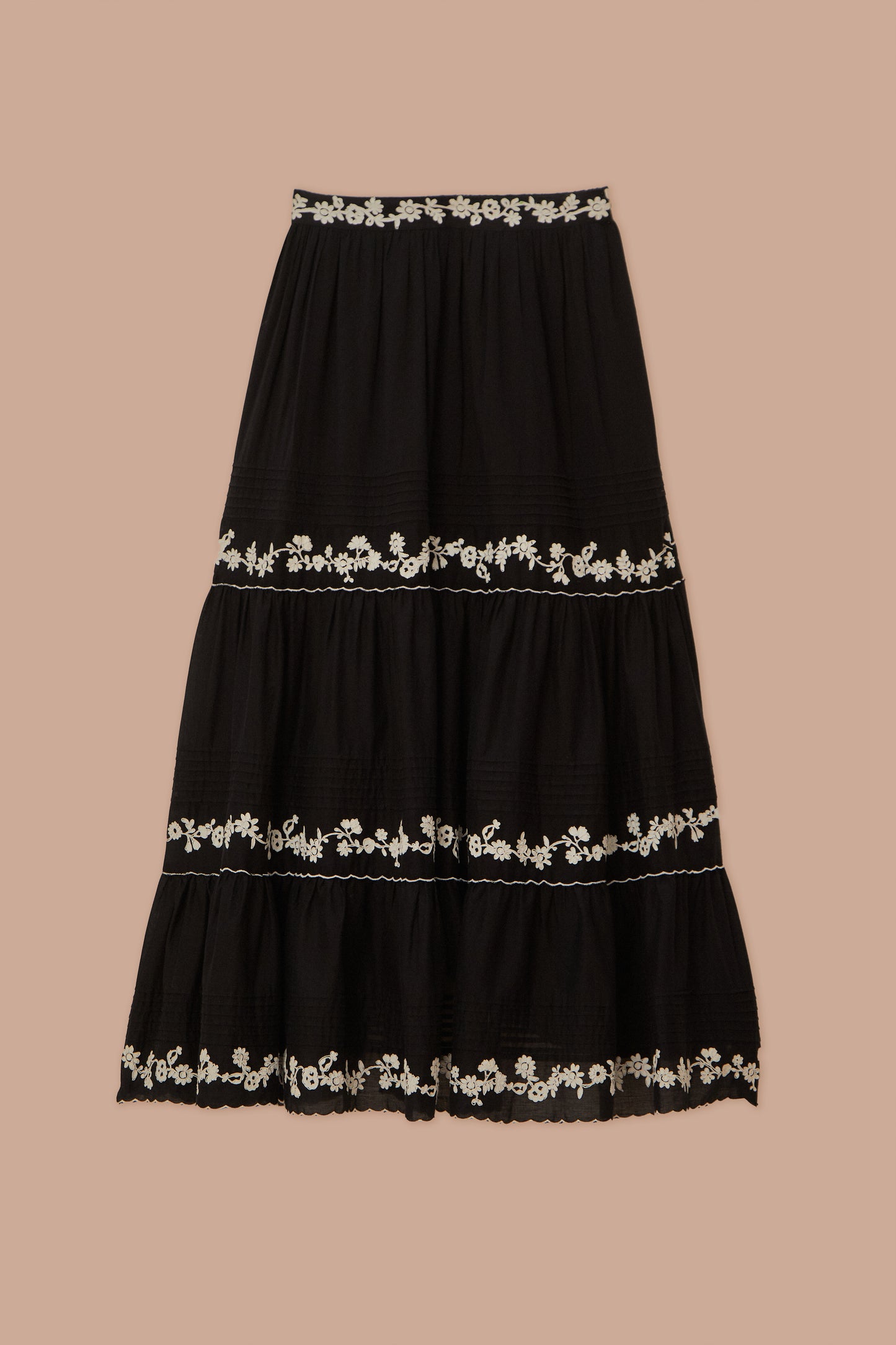 FARM Rio model wearing the Black Embroidered Ruffled Maxi Skirt