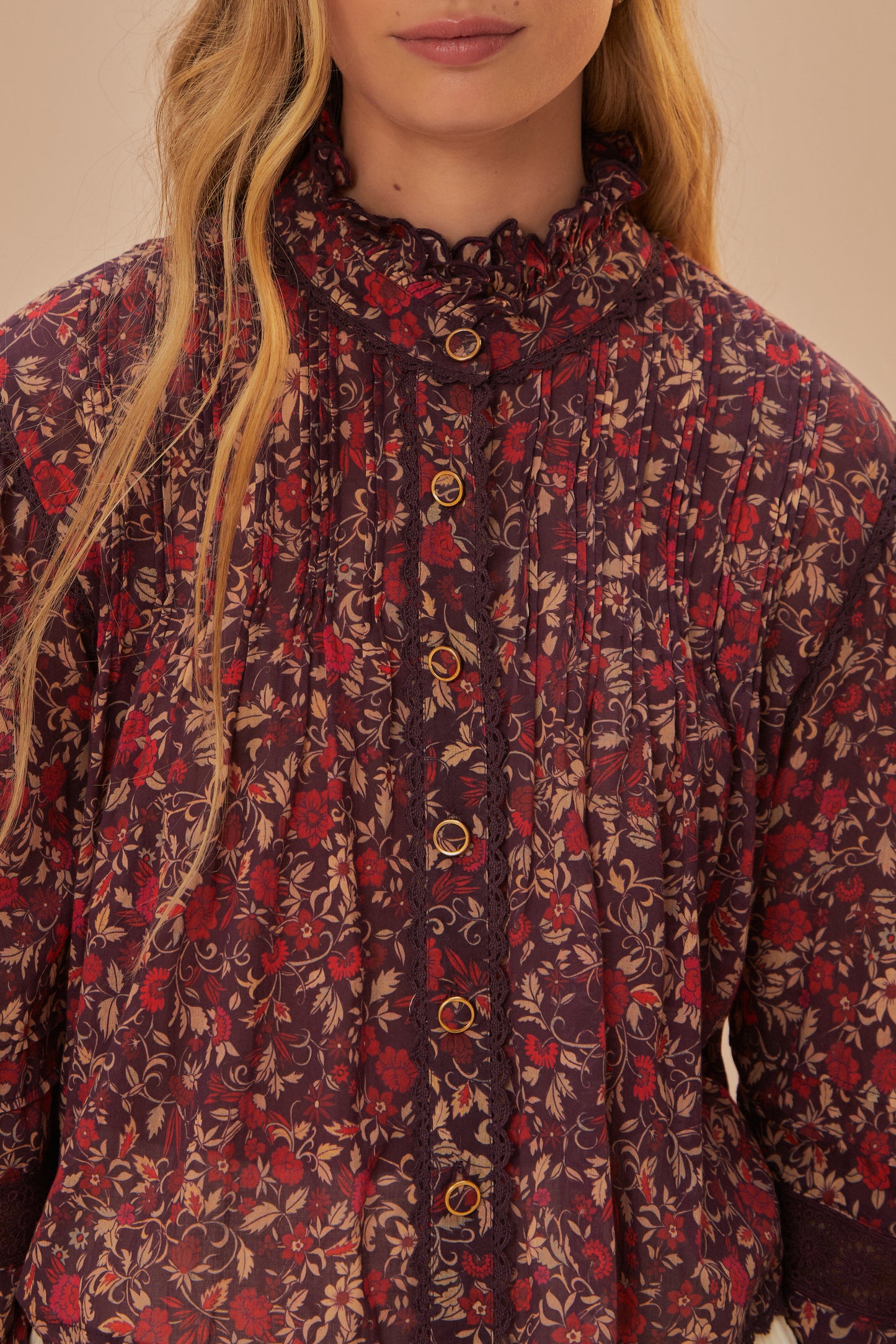 FARM Rio model wearing the Chelsea Garden Purple Long Sleeve Blouse