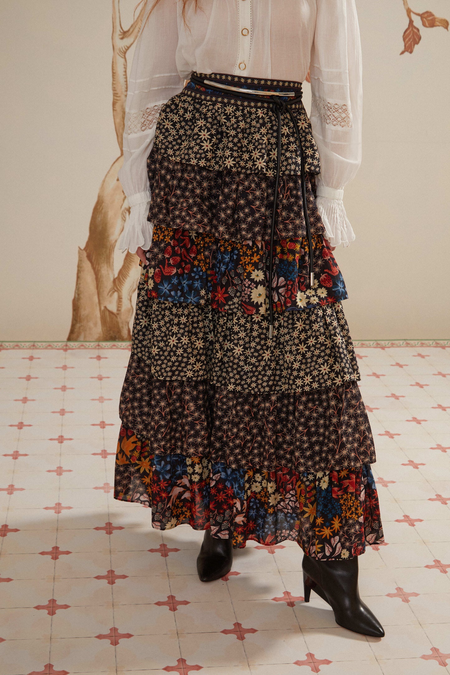 FARM Rio model wearing the Jujus Garden Black Midi Skirt