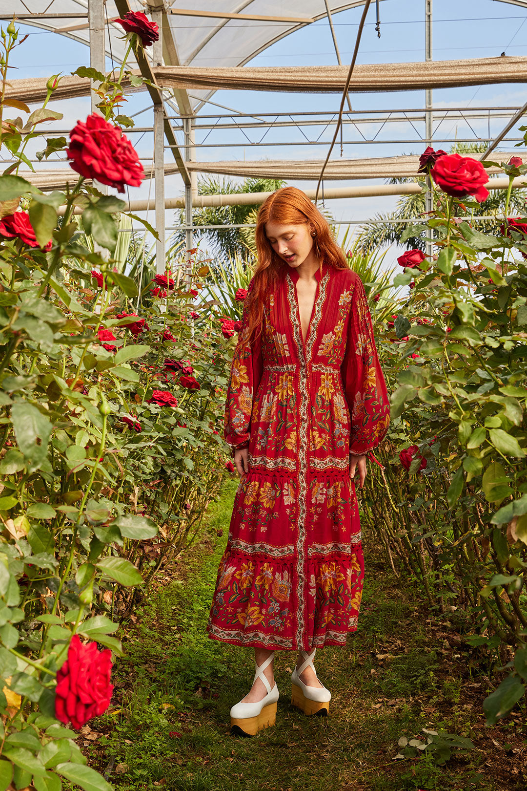 Garden Delight Red Long Sleeve Midi Dress