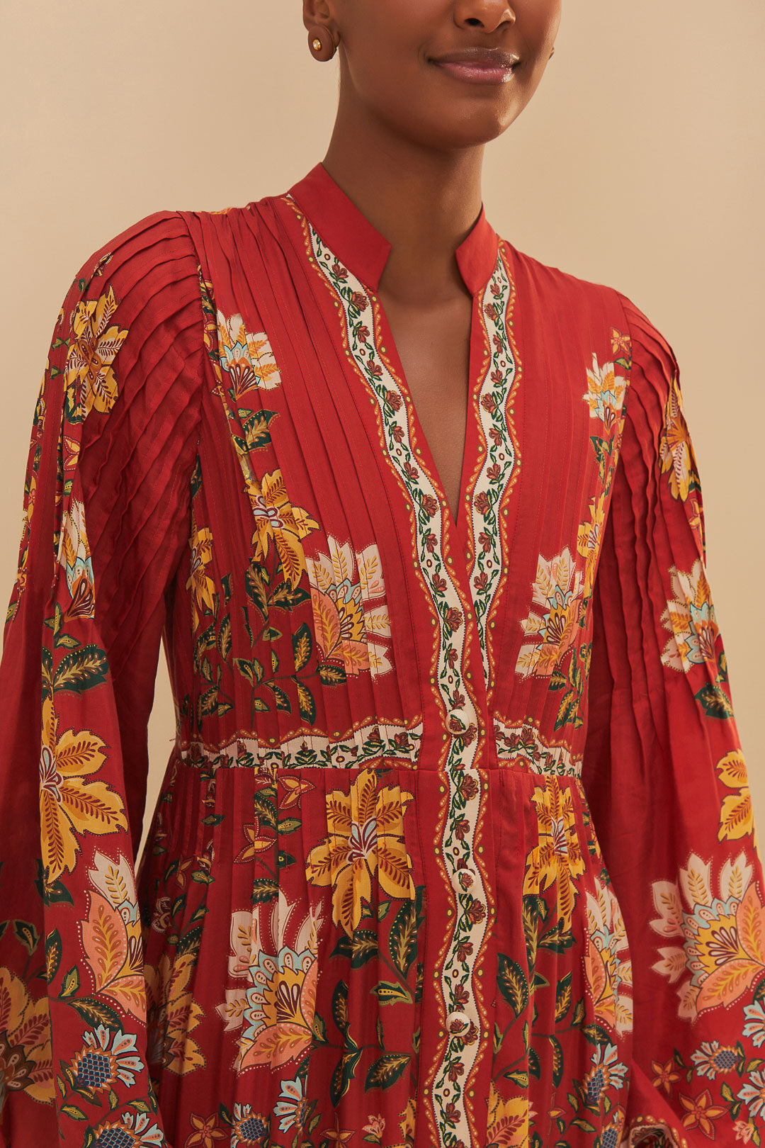 Garden Delight Red Long Sleeve Midi Dress