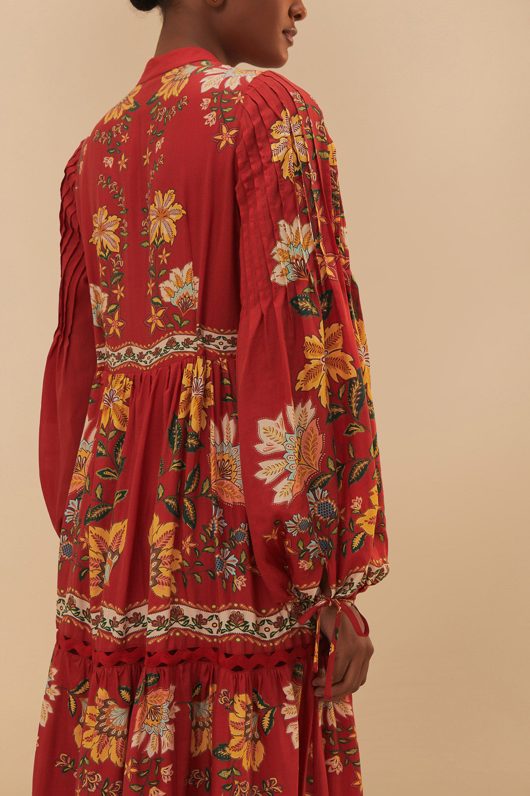 Garden Delight Red Long Sleeve Midi Dress