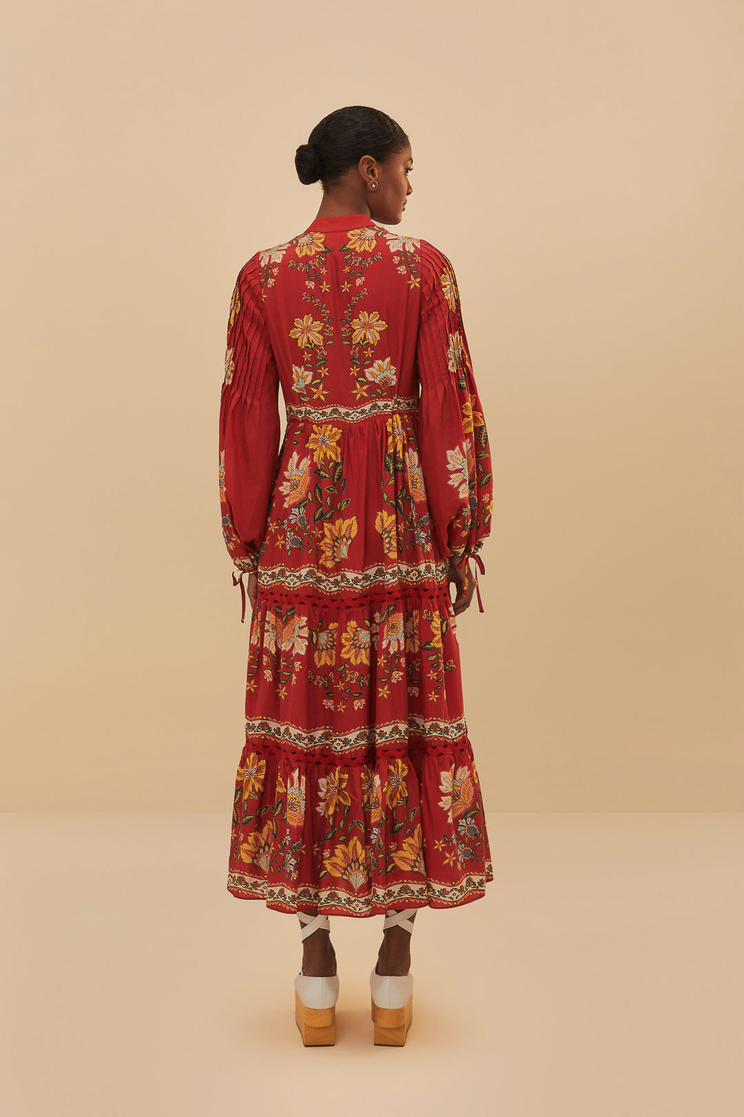 Garden Delight Red Long Sleeve Midi Dress