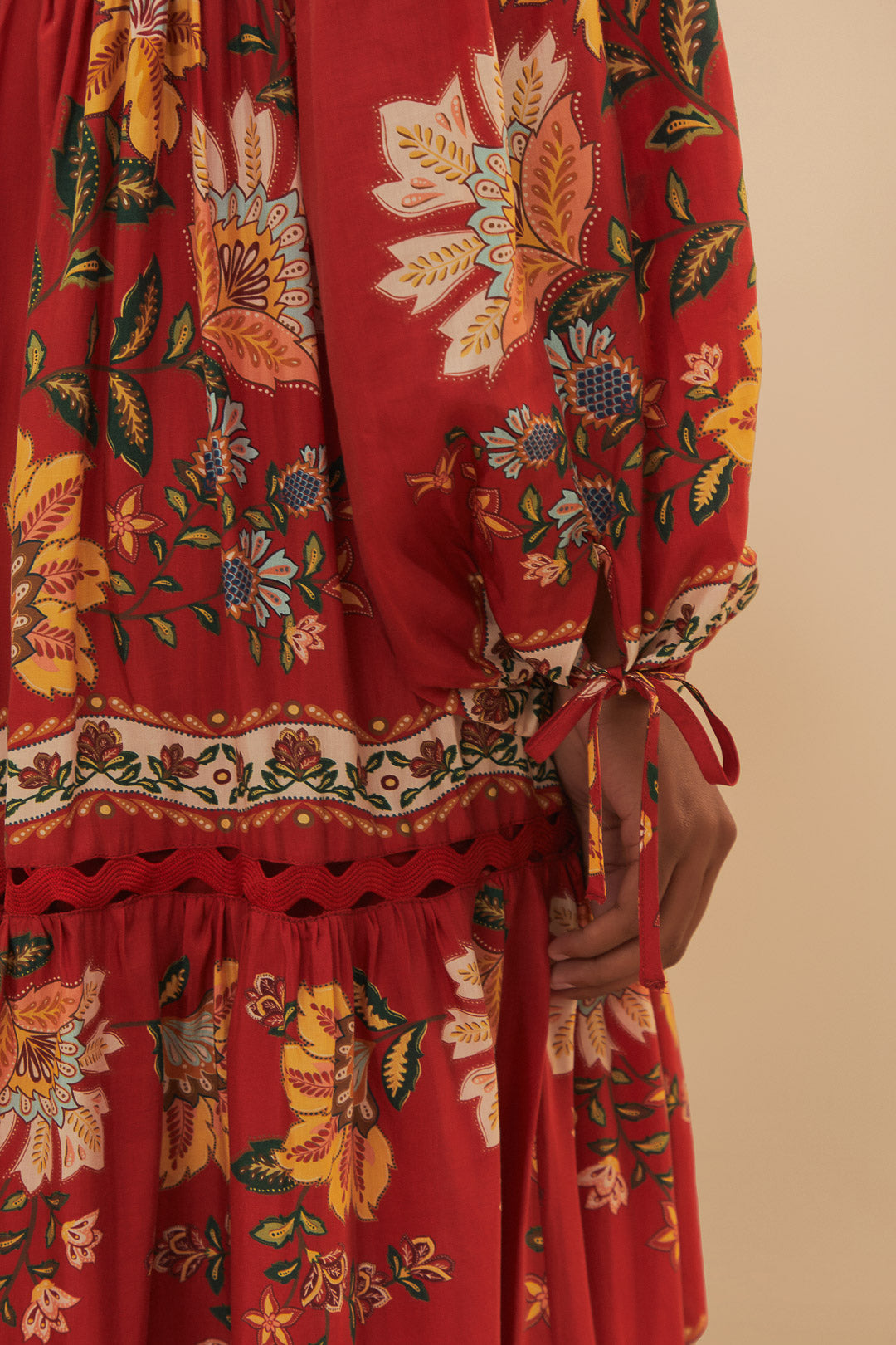 Garden Delight Red Long Sleeve Midi Dress