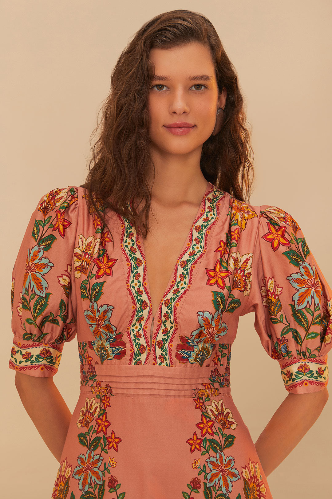 FARM Rio model wearing the Pink Garden Delight Short Sleeve Maxi Dress