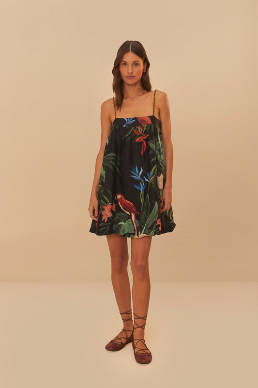 FARM Rio model wearing the Midnight Macaw Fiesta Black Sleeveless Mini Dress