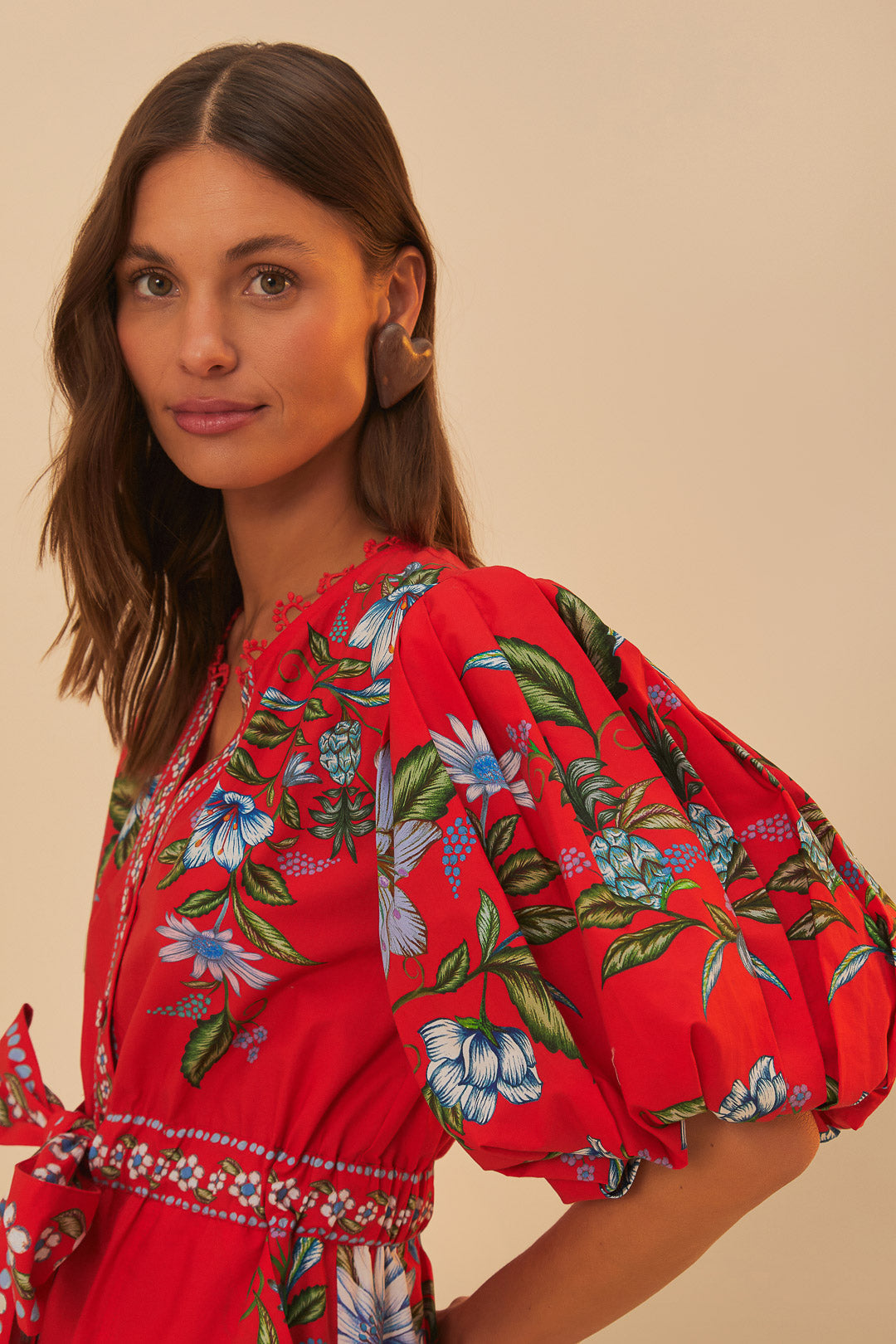 FARM Rio model wearing the Red Sweet Bloom Bouquet Organic Cotton Romper