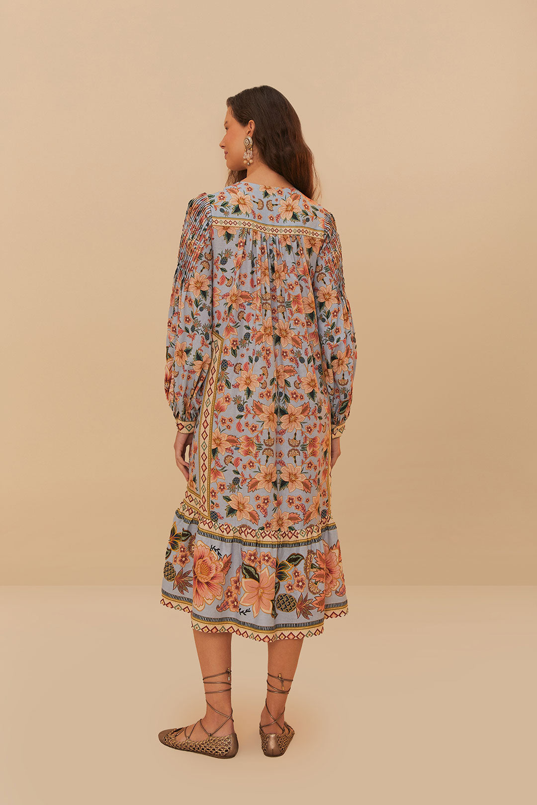 FARM Rio model wearing the Superbloom Tapestry Blue Midi Dress