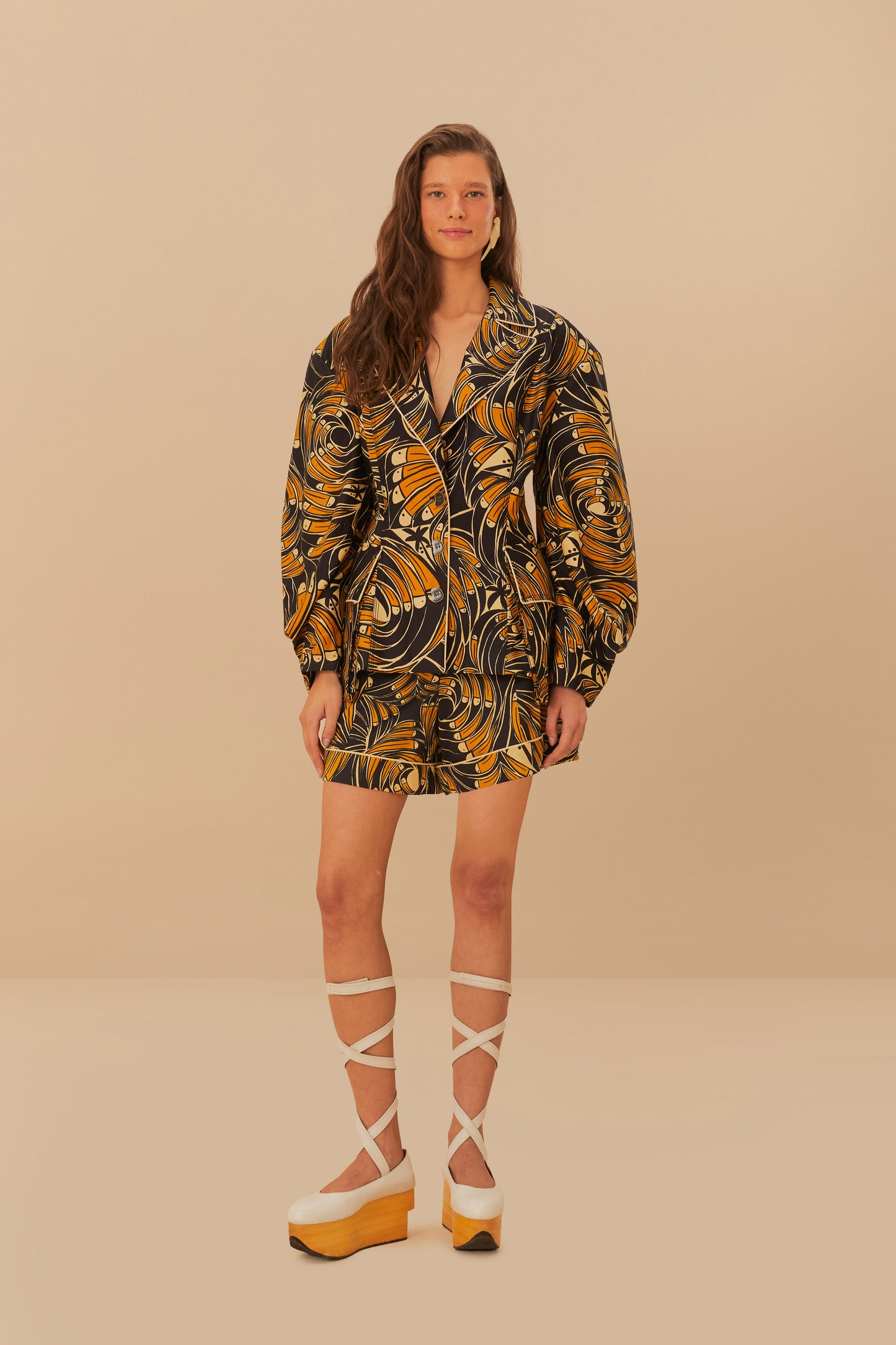 FARM Rio model wearing the Black Toucans Spirals Blazer