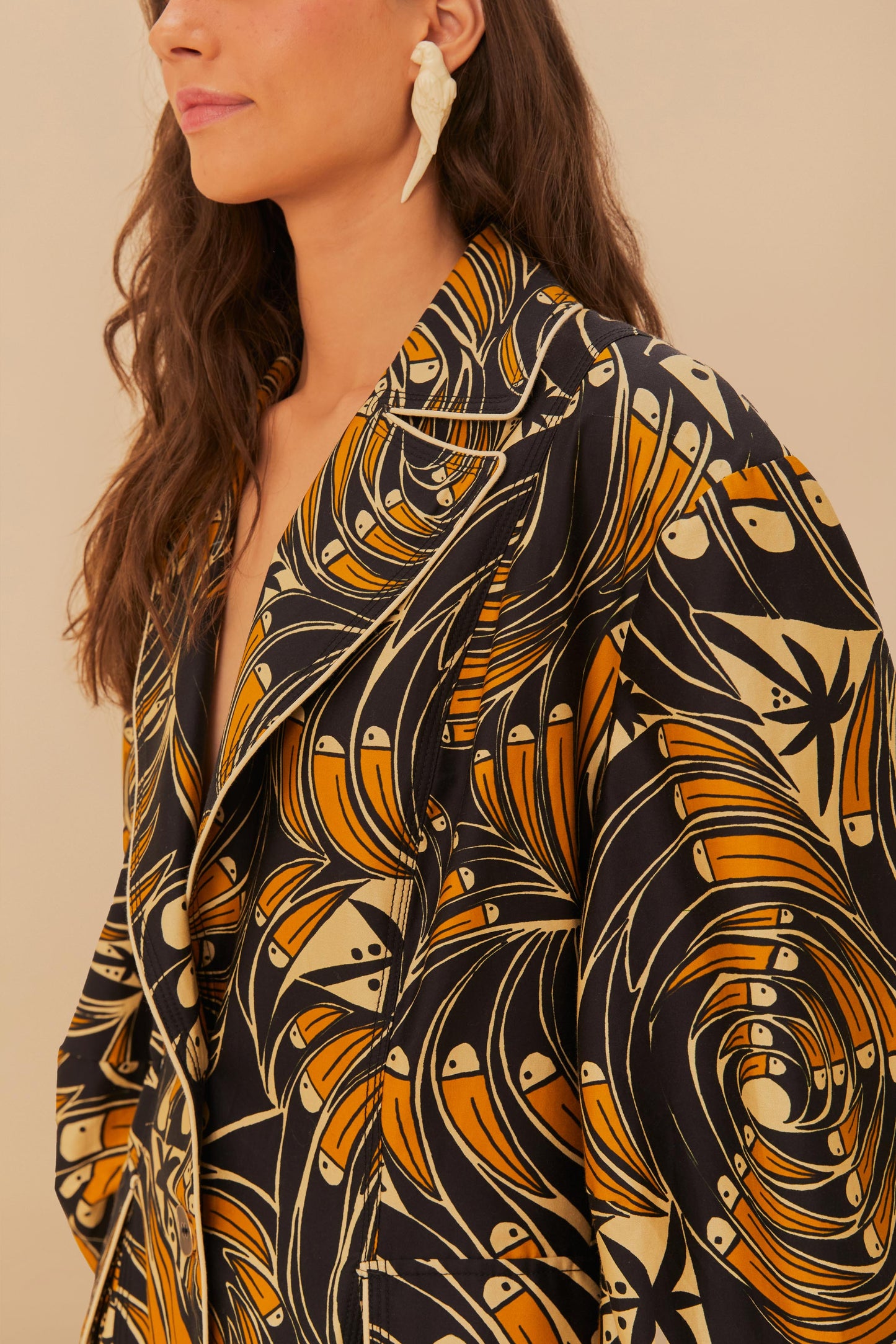 FARM Rio model wearing the Black Toucans Spirals Blazer
