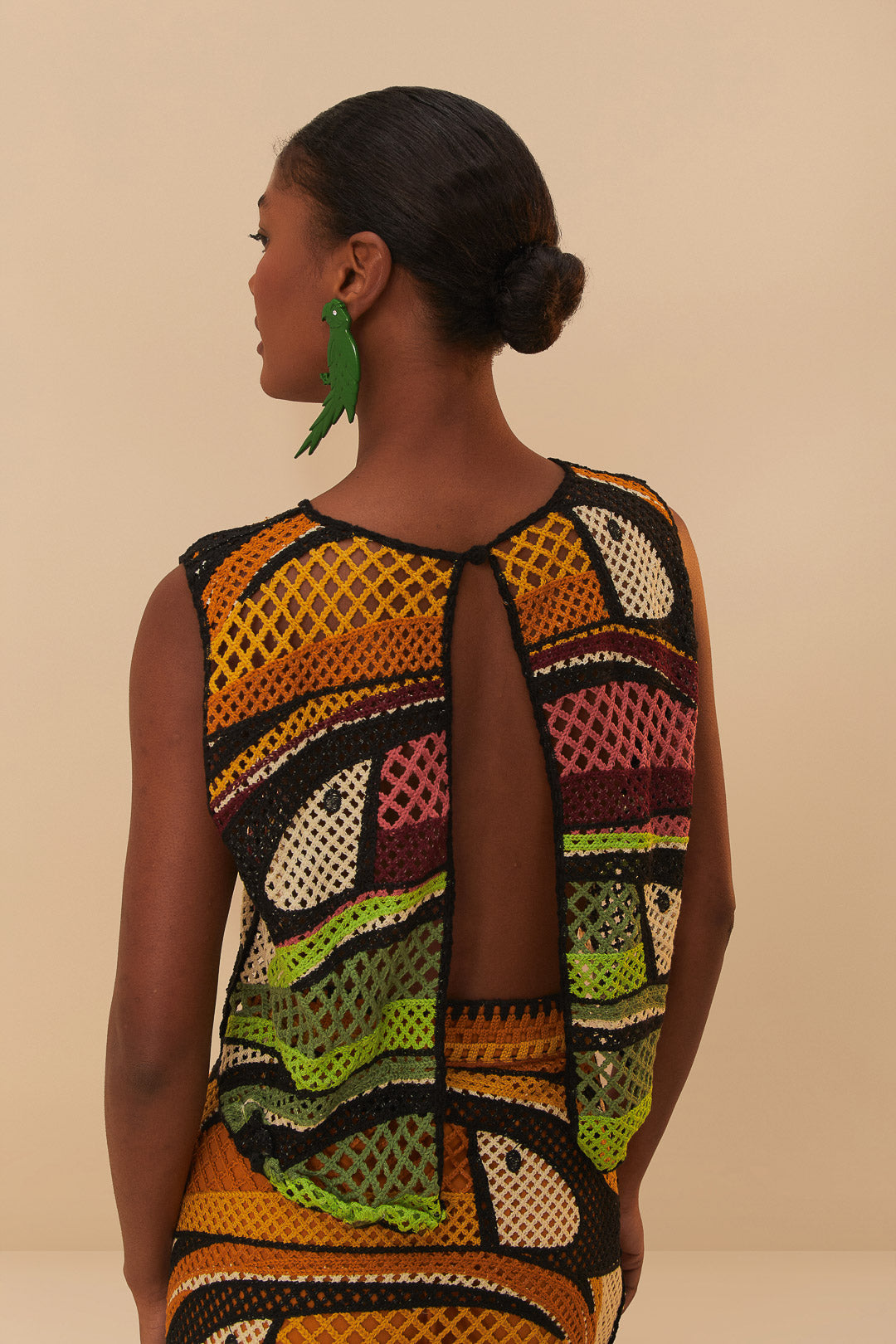 FARM Rio model wearing the Toucan Tree Crochet Top