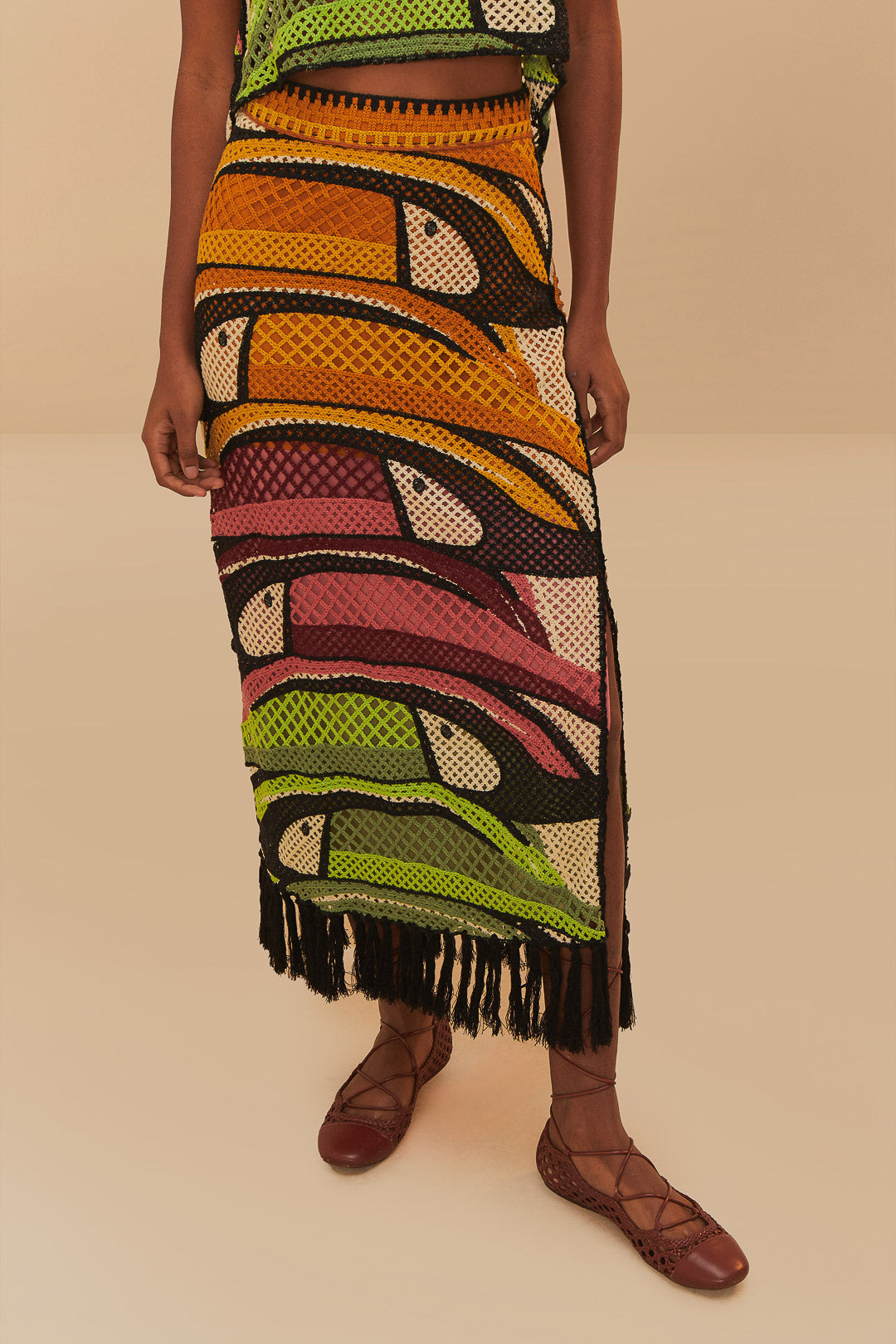 FARM Rio model wearing the Toucan Tree Crochet Skirt