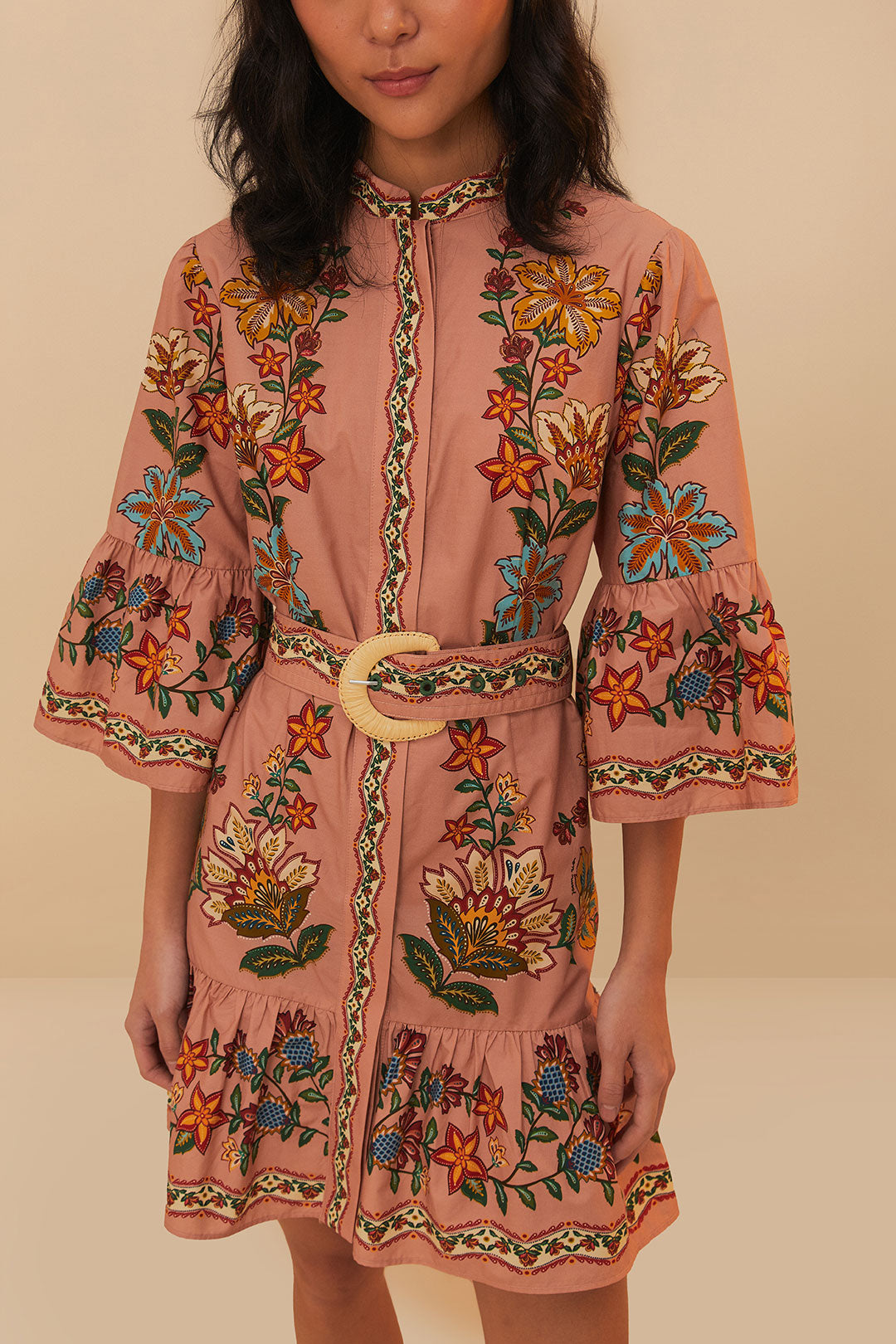 FARM Rio model wearing the Pink Garden Delight Belted Mini Dress