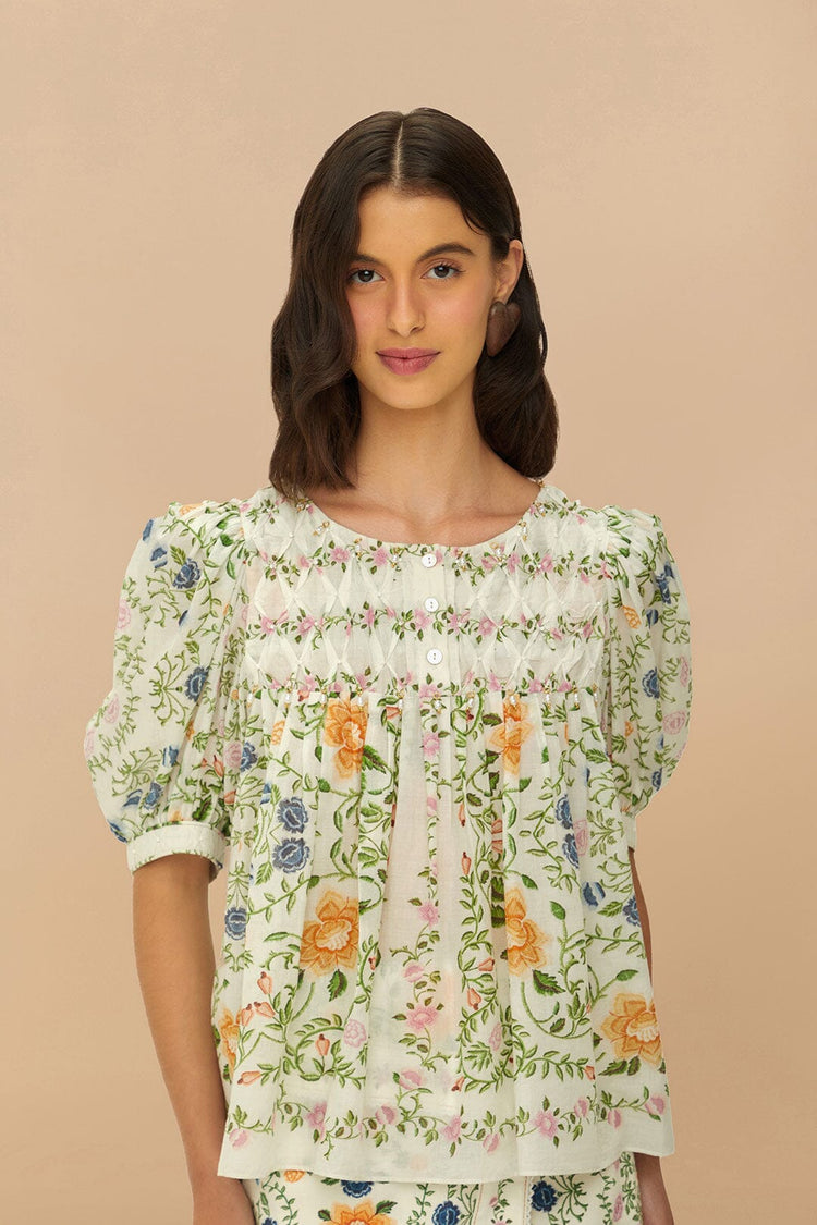 Folk Floral Off-White Scoop Neck Short Sleeve Blouse