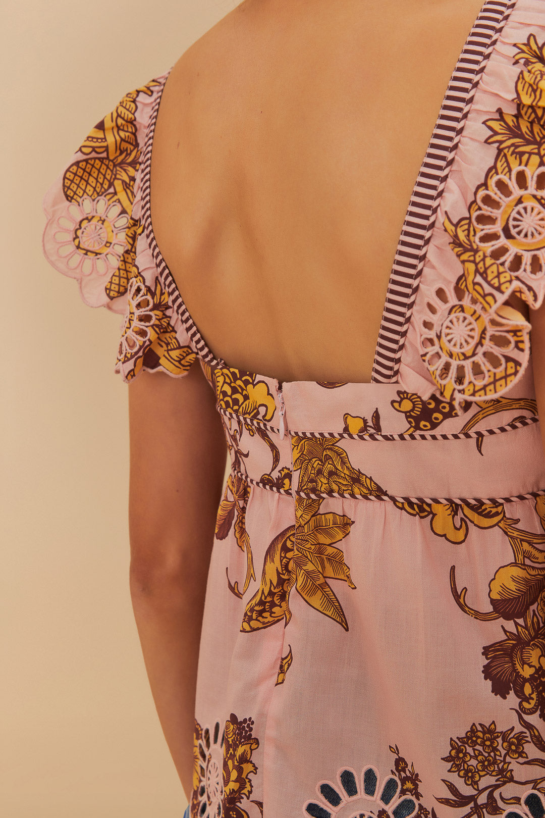 FARM Rio model wearing the Lilac Tropical Landing Sleeveless Blouse