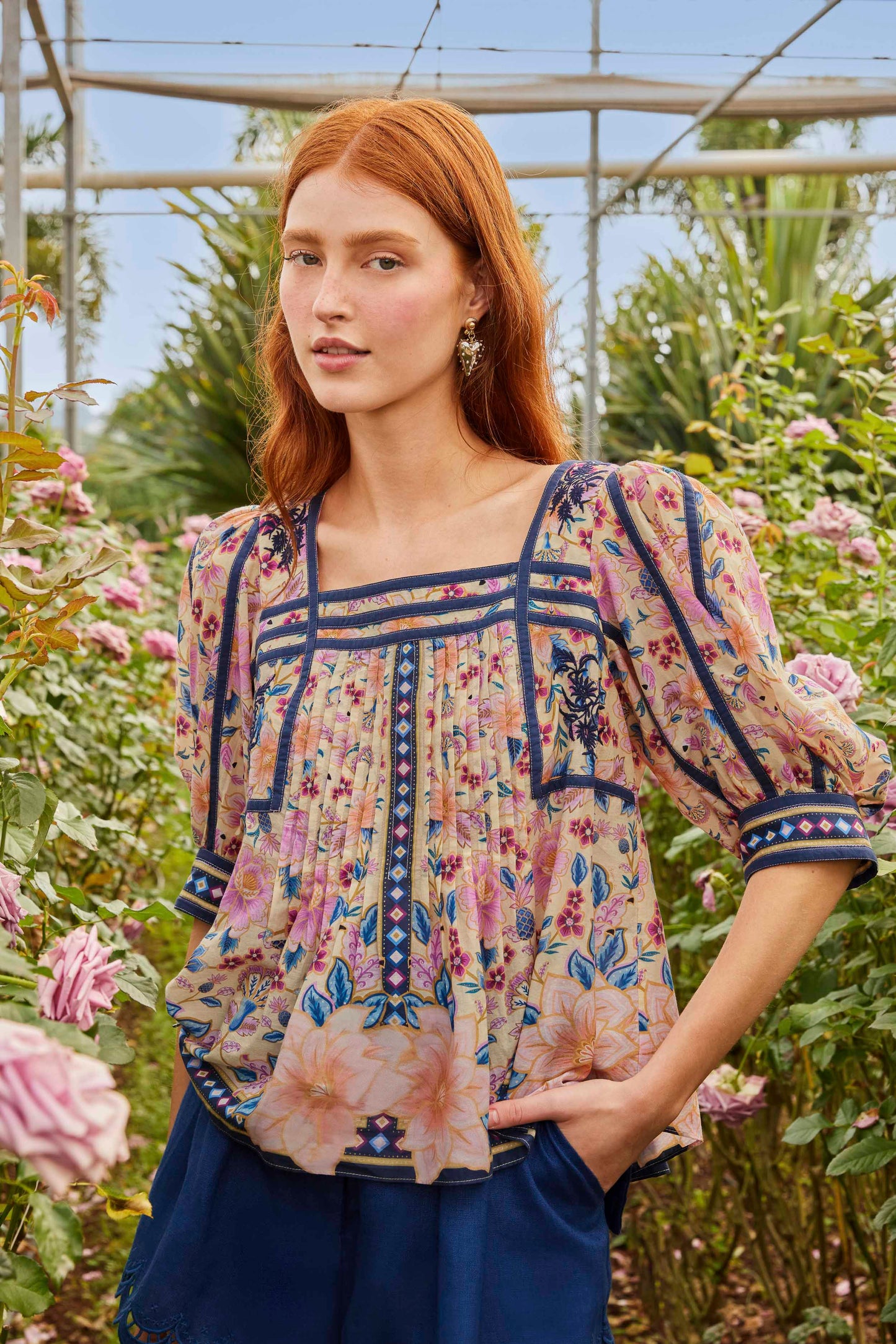 FARM Rio model wearing the Cream Superbloom Tapestry Puff Sleeve Blouse